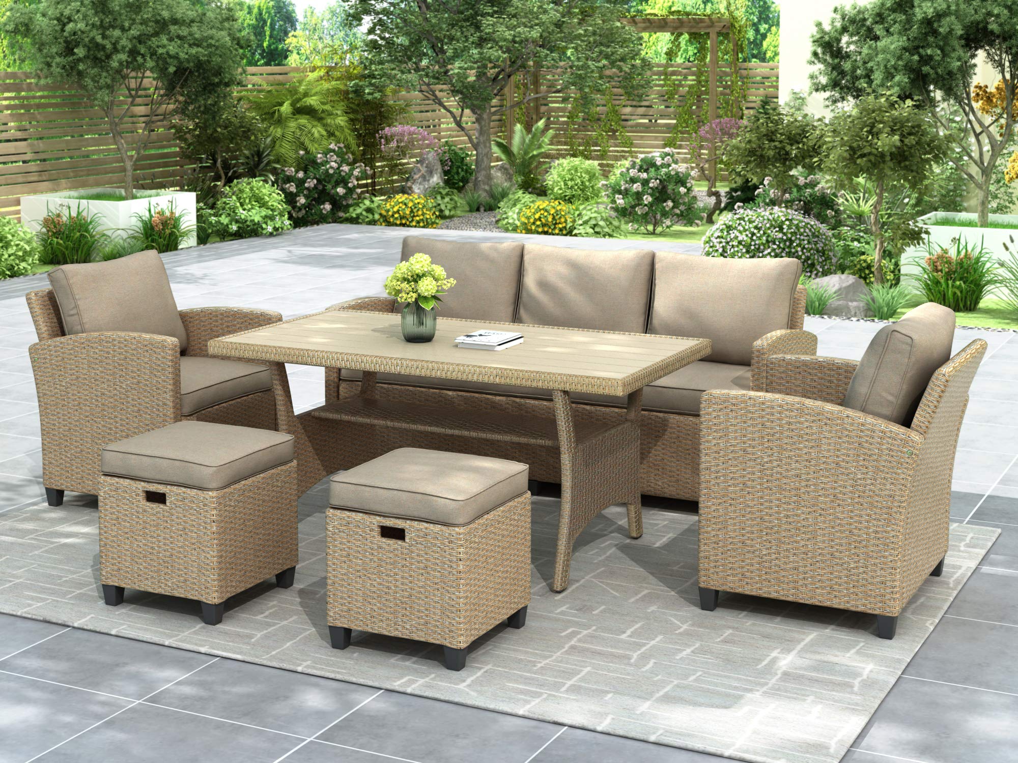 All-Weather 6-Piece Outdoor Dining Table Set with Rattan Wicker Sofa, Wood Table & Stools - Brown Patio Furniture for Garden, Backyard, and Poolside Relaxation