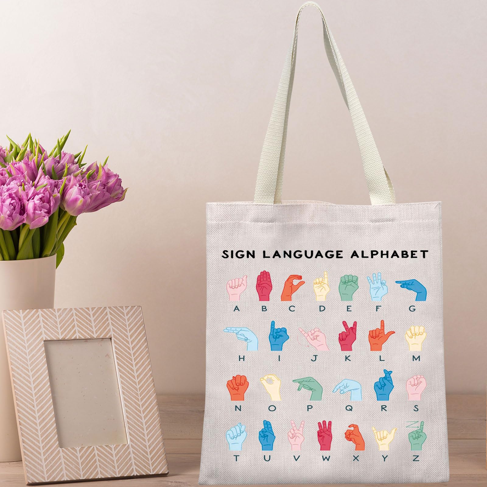 BWWKTOP ASL Teacher Tote Bag - American Sign Language Gifts for ASL Interpreters & Deaf Education Teachers - Durable Canvas Bag for School, Work & Daily Use