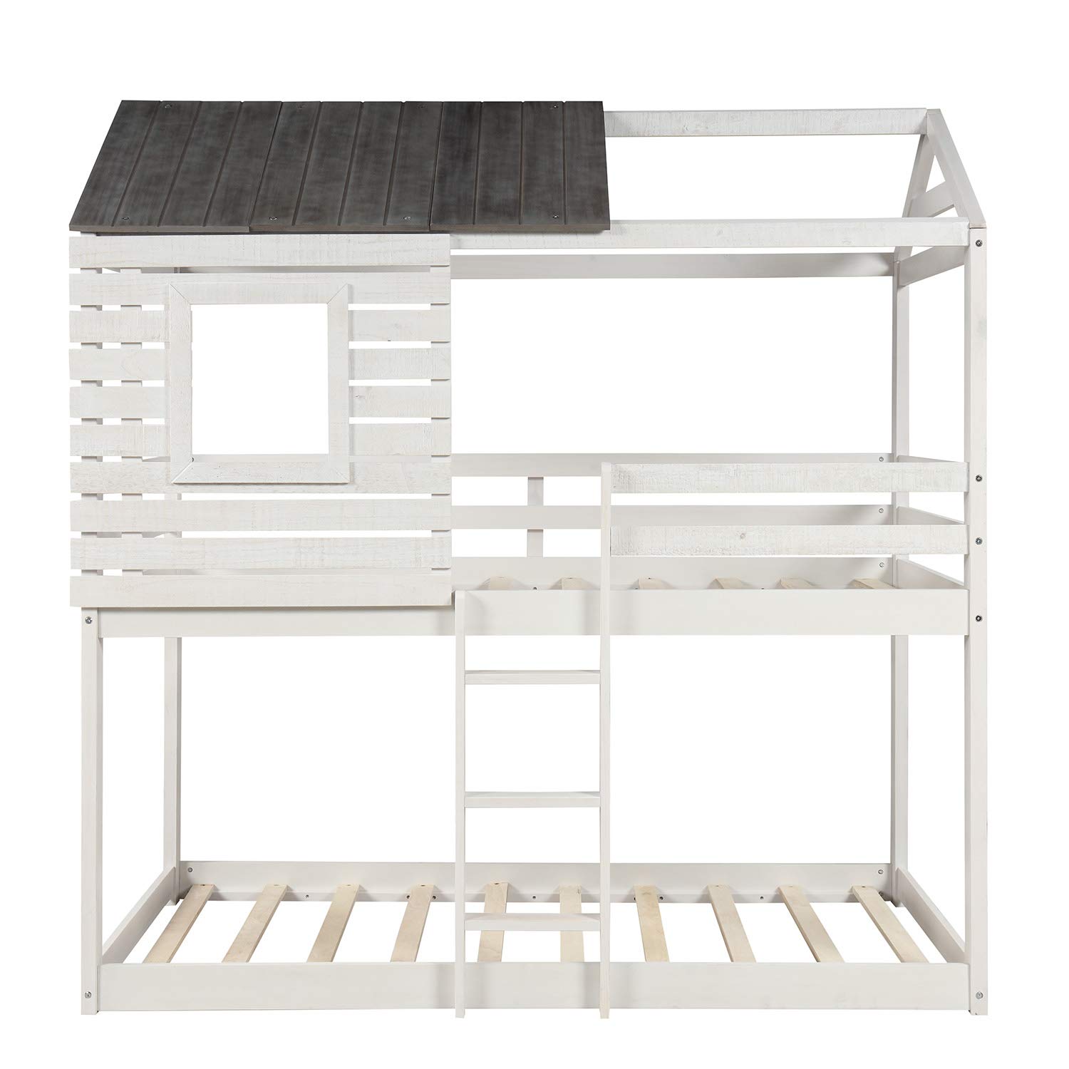TYMMC Wooden Loft Bunk Bed for Kids - Full Over Full Size with Roof, Window, Safety Guardrail & Ladder - Antique White Finish - Perfect for Kids' Bedroom, Playhouse or Space-Saving Shared Room