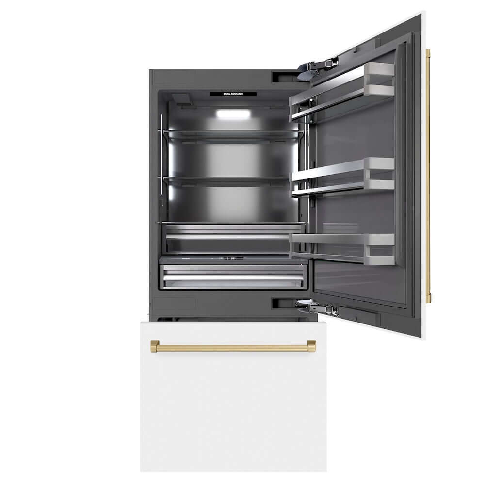 ZLINE Autograph Edition 36 Inch Built-In Bottom Freezer Refrigerator - 19.8 cu.ft Capacity, Water Dispenser & Ice Maker - White Matte Finish with Graphite Gray Interior & Champagne Bronze Accents (GRBITZ WM 36 CB) | Perfect for Modern Kitchens, Open Concept Homes & Luxury Appliances Collection