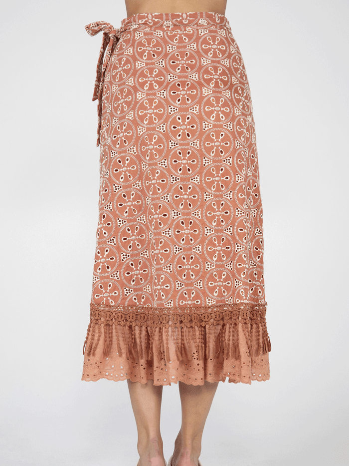 Miss Me MS0131L Women's Long Ruffled Layered Wrap Skirt in Rust - Perfect for Casual Outings, Beach Vacations & Boho Fashion Styles