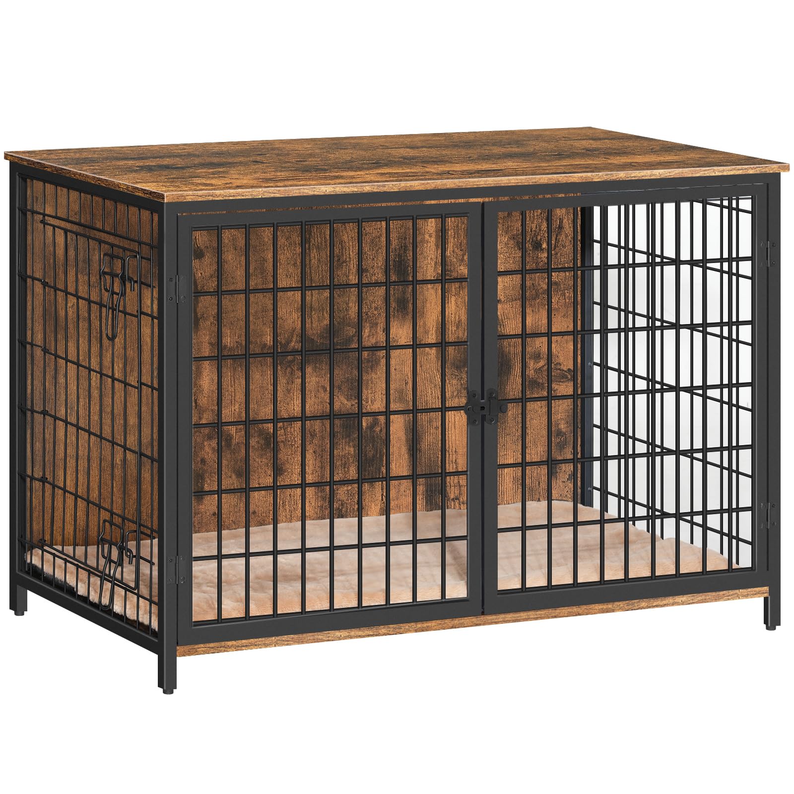 Wooden Dog Crate Furniture with Cushion - Heavy Duty Double Door Dog Kennel for Small Medium Large Dogs - Indoor Dog House End Table 39.4 Inch Rustic Brown DCHR10701 - Perfect for Living Room, Bedroom & Pet-Friendly Home Decor
