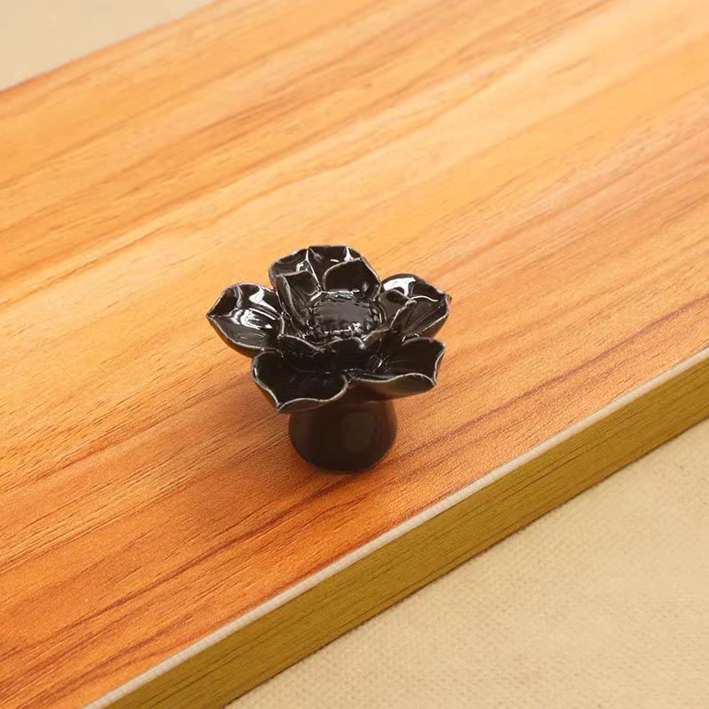 Black Ceramic Flower Drawer Knobs and Pulls - Pack of 6 for DIY Home Furniture, Cabinets, Dressers & Cupboards - Elegant Door Handles for Bedroom, Kitchen & Bathroom Storage