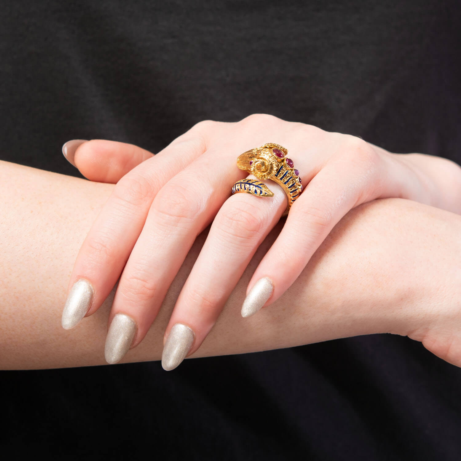 18K Gold Greek Estate Ruby & Enamel Ram's Head Ring - Vintage Jewelry for Women, Unique Statement Piece for Parties & Special Occasions