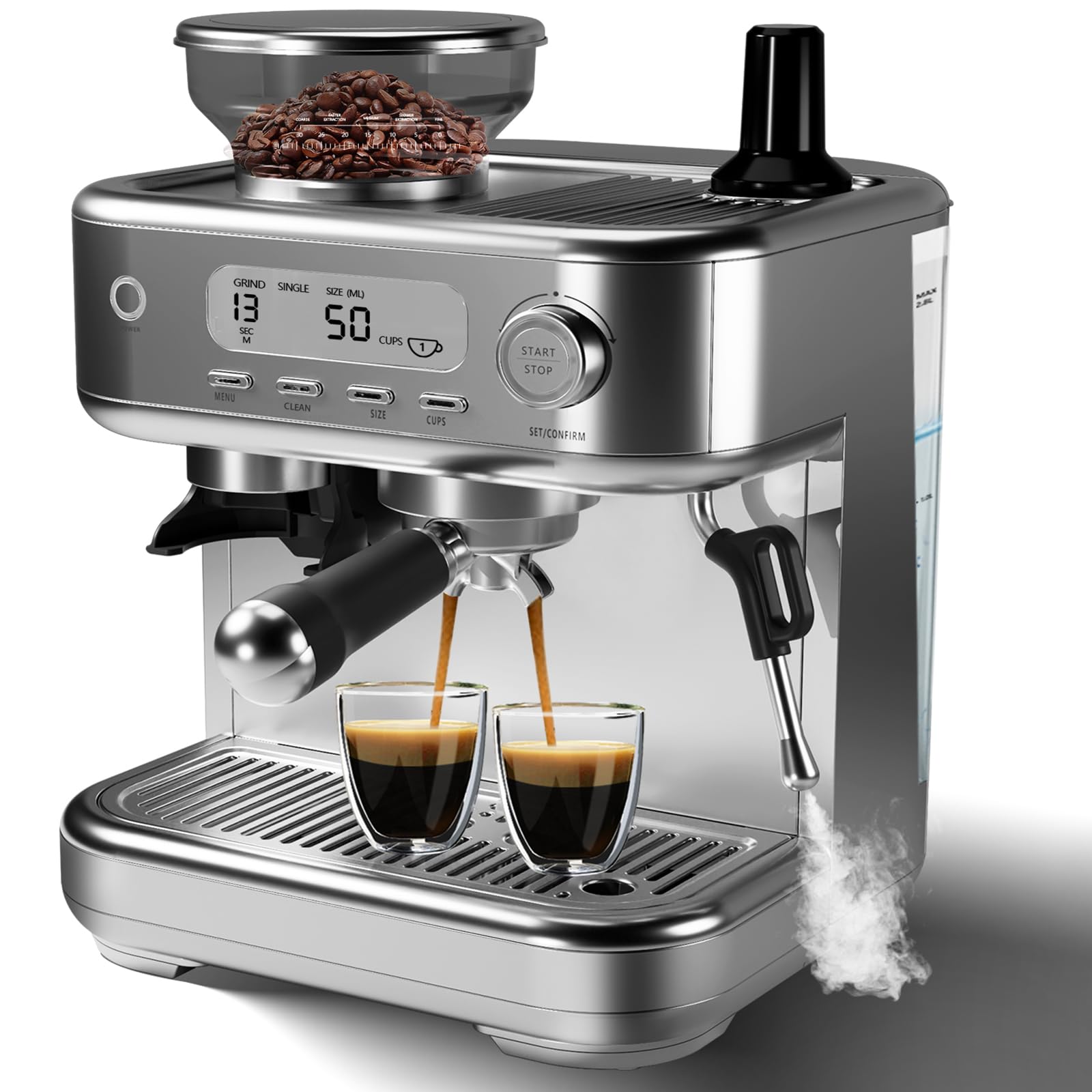 Professional 15 Bar Stainless Steel Espresso Machine with Built-in Grinder & Milk Frother - Semi-Automatic Coffee Maker for Espresso, Latte & Cappuccino - Perfect for Home, Office & Coffee Enthusiasts