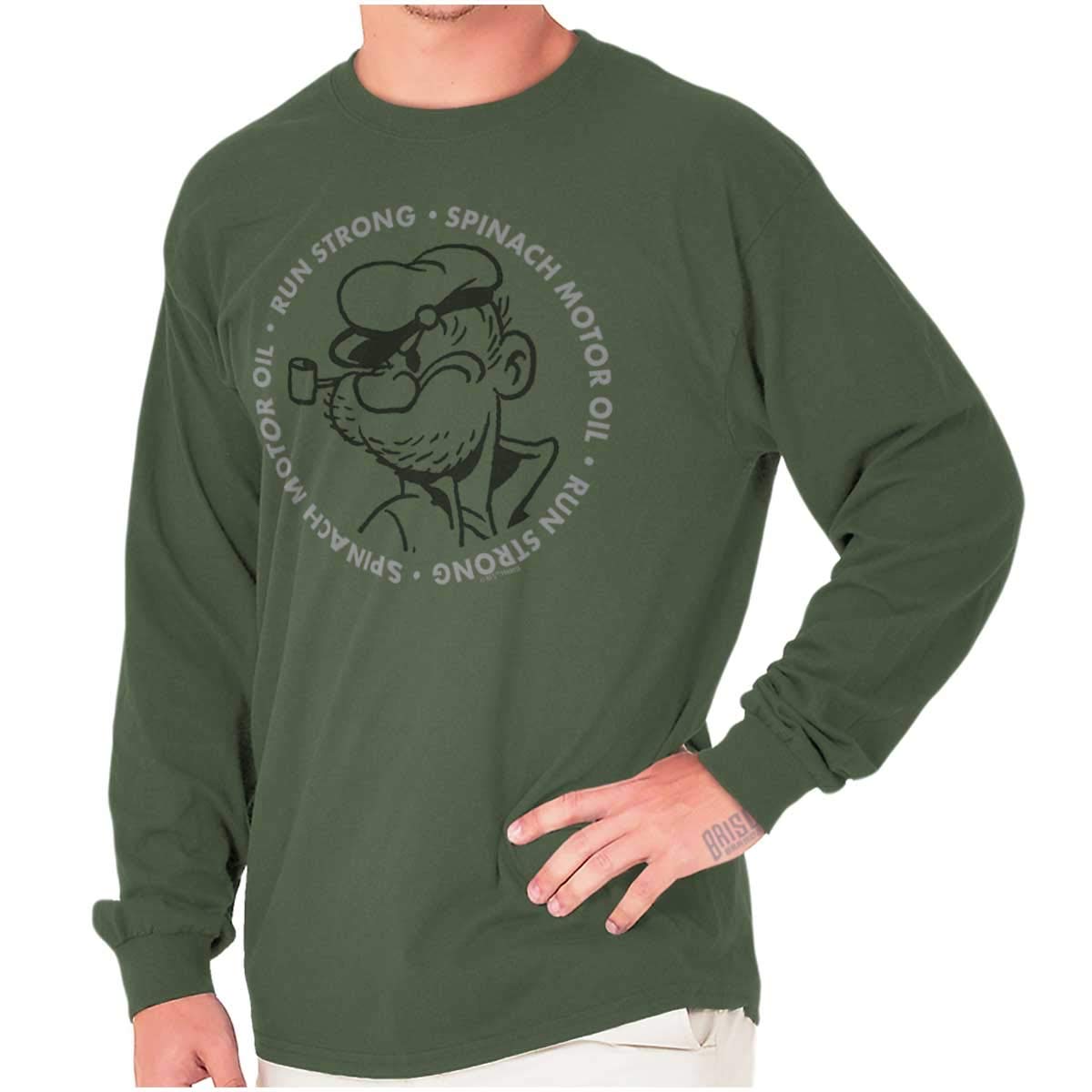 Brisco Brands Popeyes Spinach Motor Oil Graphic Long Sleeve T-Shirt for Men & Women - Vintage Funny Design for Casual Wear, Workouts & Street Fashion