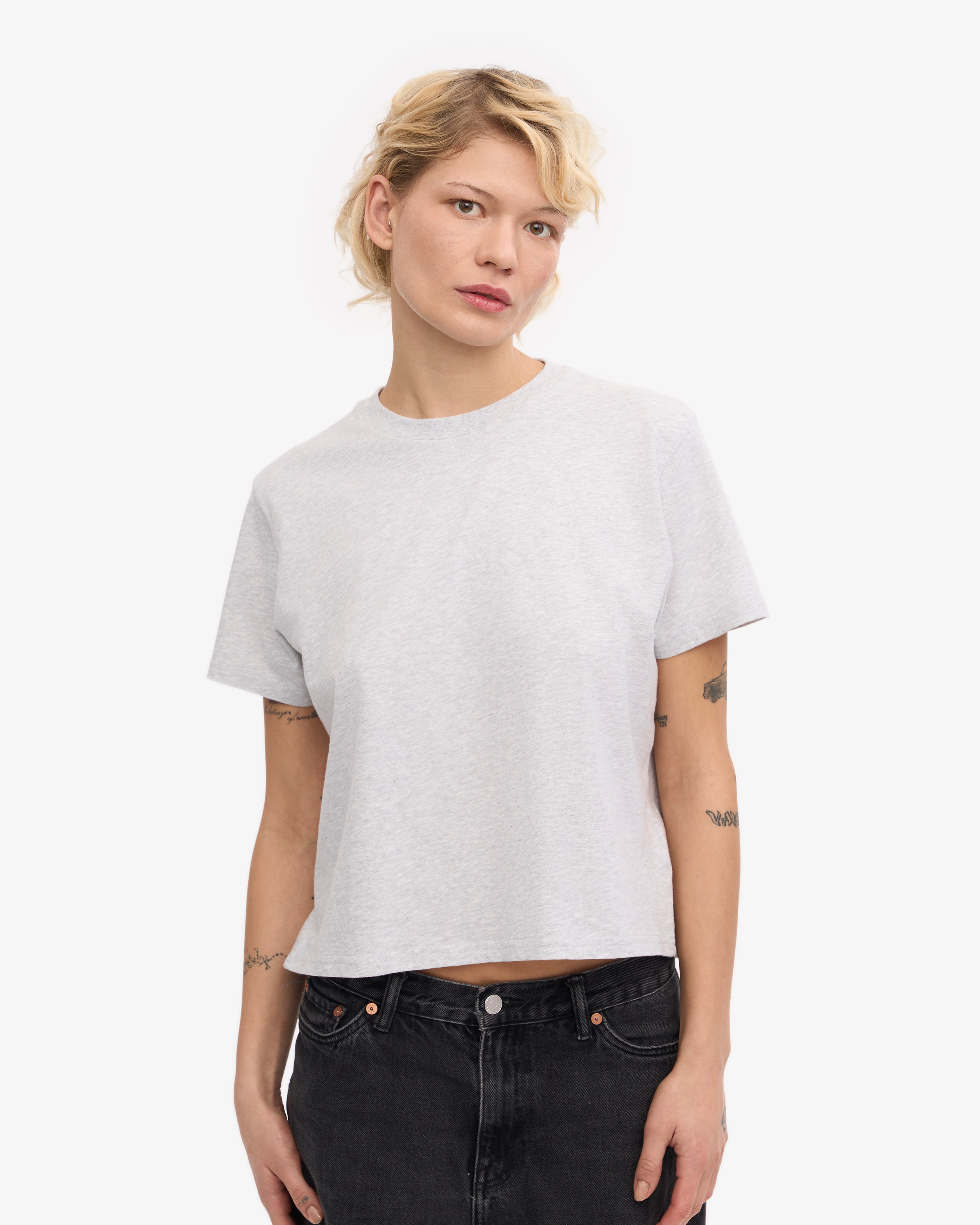 Organic Boxy Crop Tee - Soft Cotton Oversized T-Shirt for Women | Snow Melange | Casual Wear, Street Style & Layering Essential