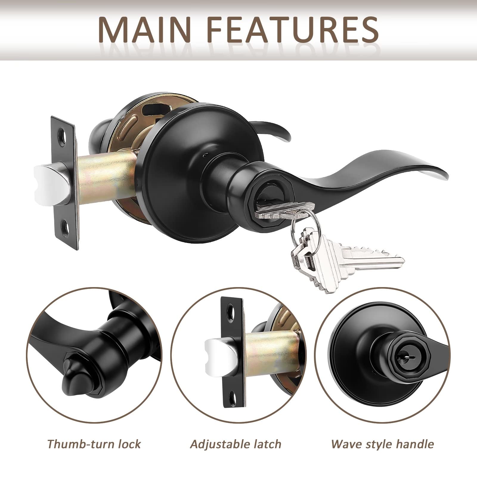 Probrico 1 Pack Black Wave Entry Door Lever Lock with 3 Keys - Reversible Left/Right Handed Office & Front Door Handle Set - Perfect for Homes, Offices & Commercial Buildings Security
