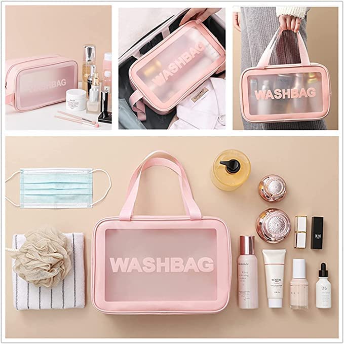 SYGNIUS Waterproof PVC Cosmetic Bag - Travel Makeup Organizer for Toiletries, Brushes & Accessories | Portable Zippered Makeup Pouch for Home, Gym & Vacation (Pink) - Perfect for Daily Use, Travel Essentials & On-The-Go Touch Ups