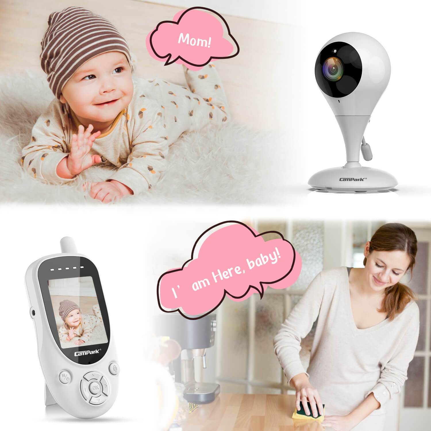 Campark BM20 360° Rotatable HD Video Baby Monitor with Night Vision & Two-Way Audio - Perfect for Nursery, Daycare & Home Security Monitoring