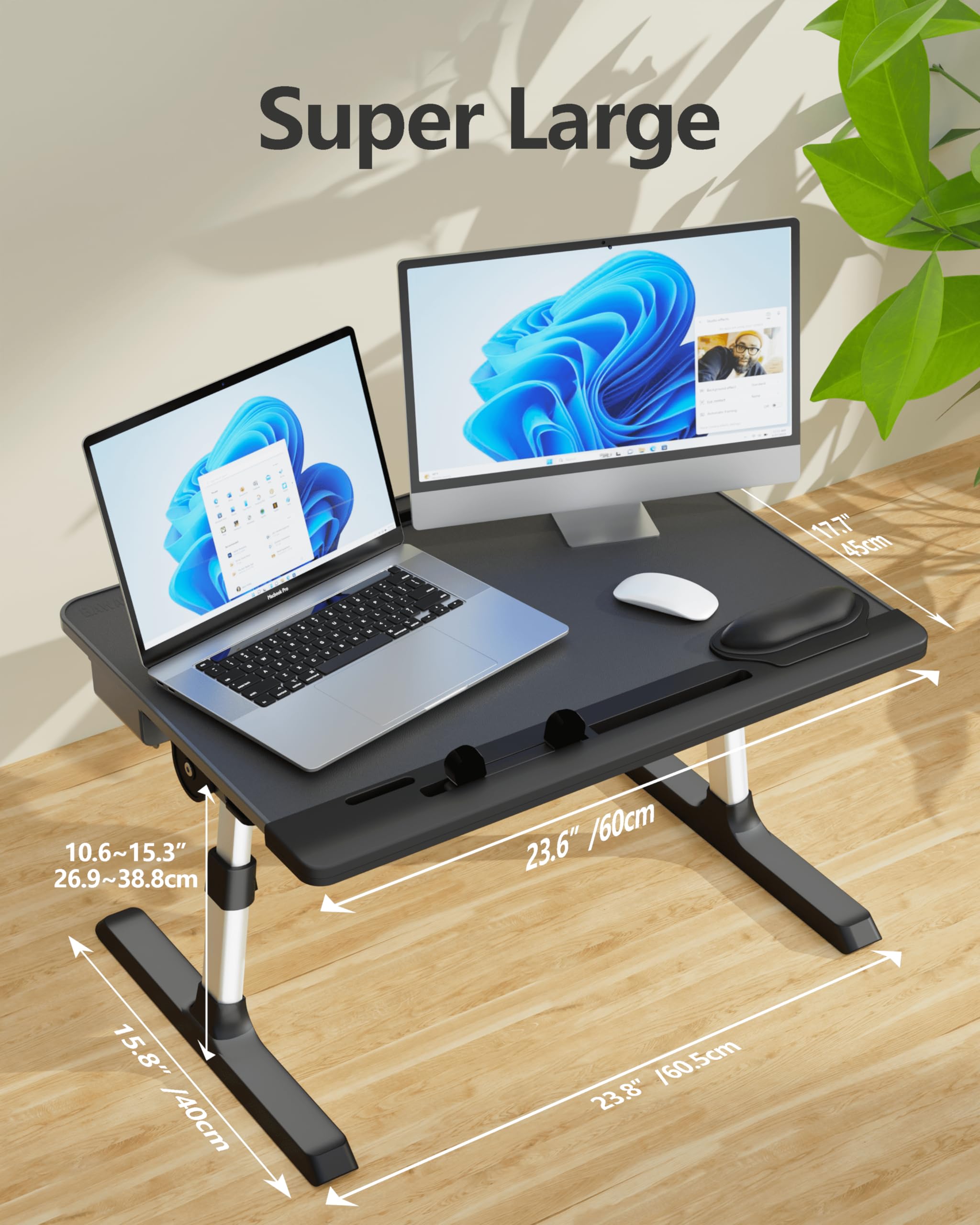 Adjustable Laptop Desk for Bed - XL Portable Laptop Table with Book Stand, Drawer, Wrist Cushion & Phone Holder - Perfect for Working, Studying, Writing & Eating in Bed or Sofa - Black