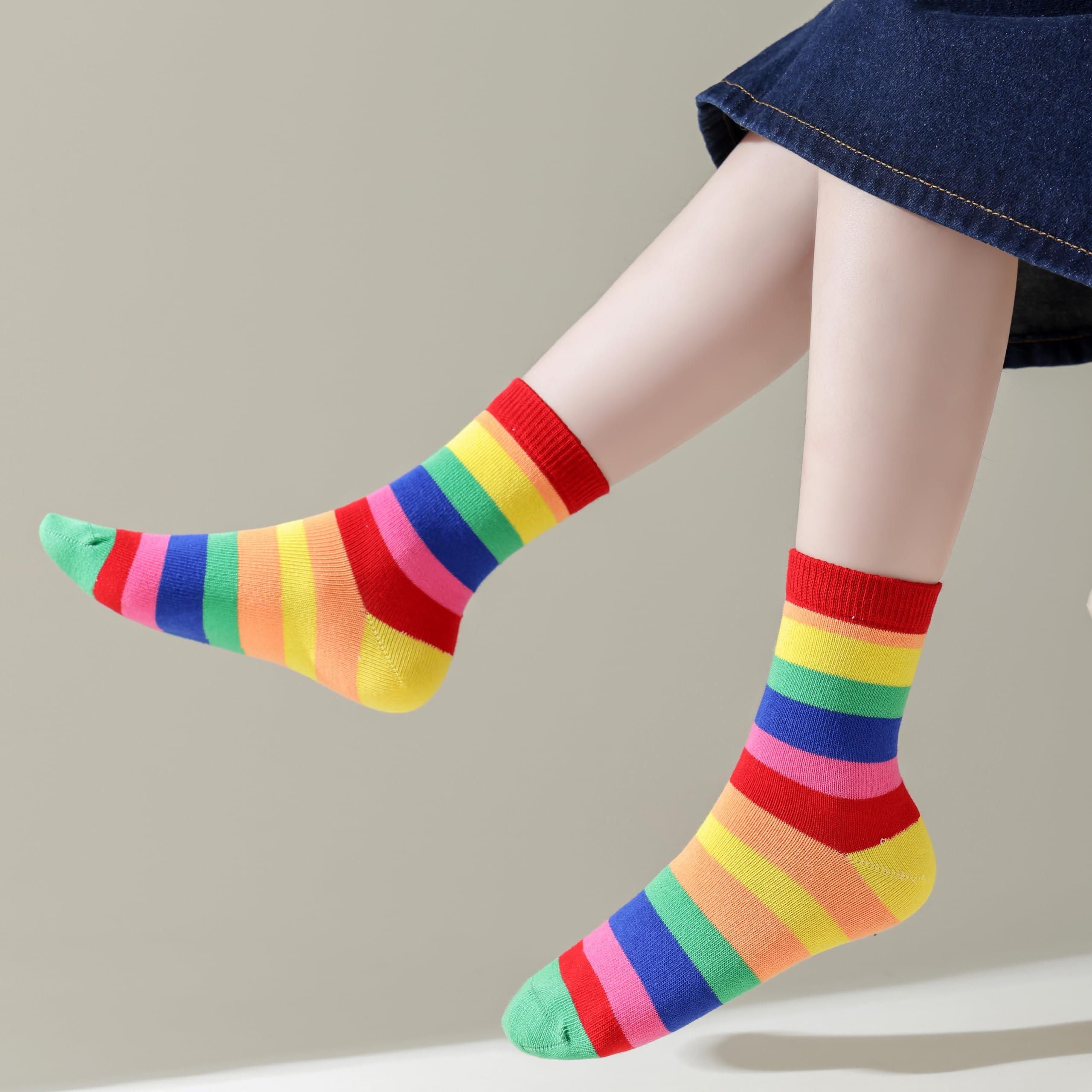 Marchare Girls Seamless Crew Cotton Socks - 5 Pack Rainbow Striped Casual Socks for Kids - Perfect for School, Play & Everyday Comfort