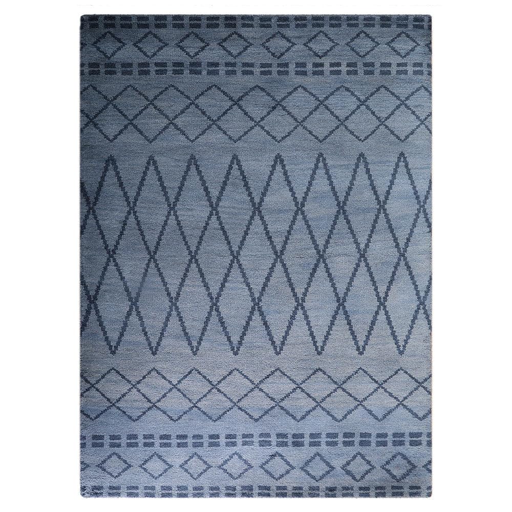 Hand Knotted Wool Geometric Area Rug 9'x12' Rectangle - Light Blue Modern Design, Medium Pile Handmade Carpet for Living Room, Bedroom | Durable Floor Covering for Home Decor & Interior Design (N01117)