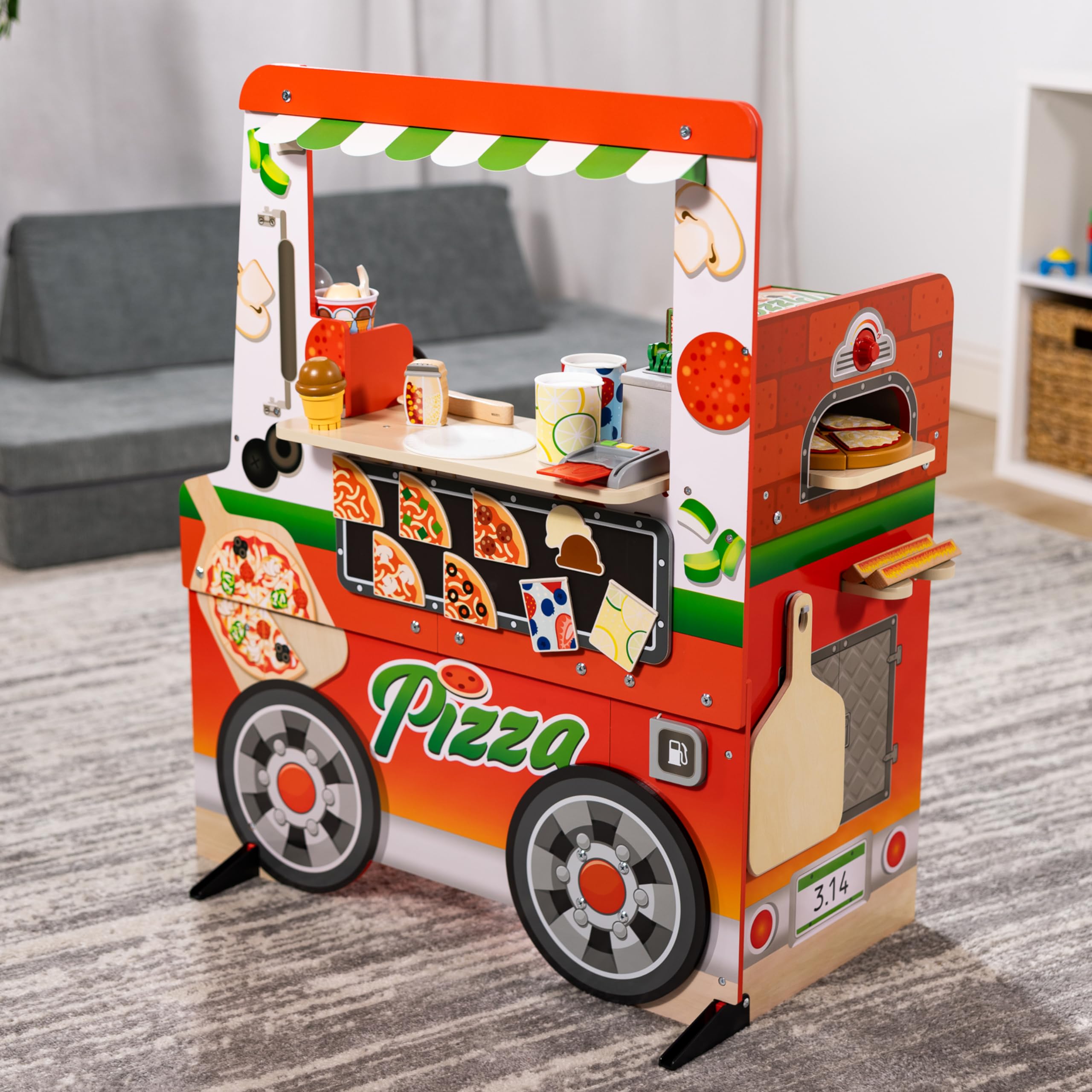 Melissa & Doug Wooden Pizza Food Truck Playset with 30+ Play Food Pieces - Pretend Play Kitchen Toy for Kids Ages 3+ - Perfect for Imaginative Play, Birthday Gifts & Preschool Learning Activities