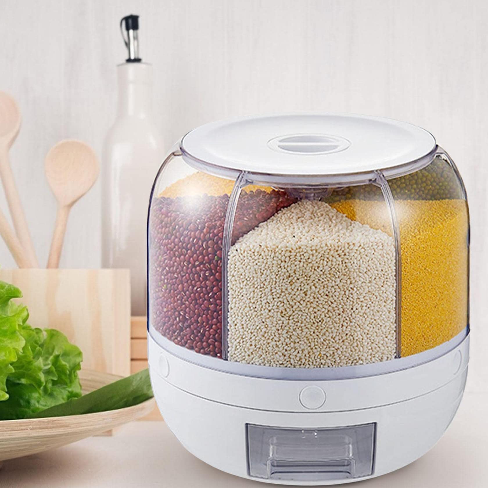 NSMYOOK 22lbs Rotating Rice Dispenser - Clear Plastic Food Storage Container with Lid, One-Click Rice Output, Holds 6 Types of Grains, Moisture-Proof - Perfect for Kitchen Pantry Organization & Bulk Food Storage