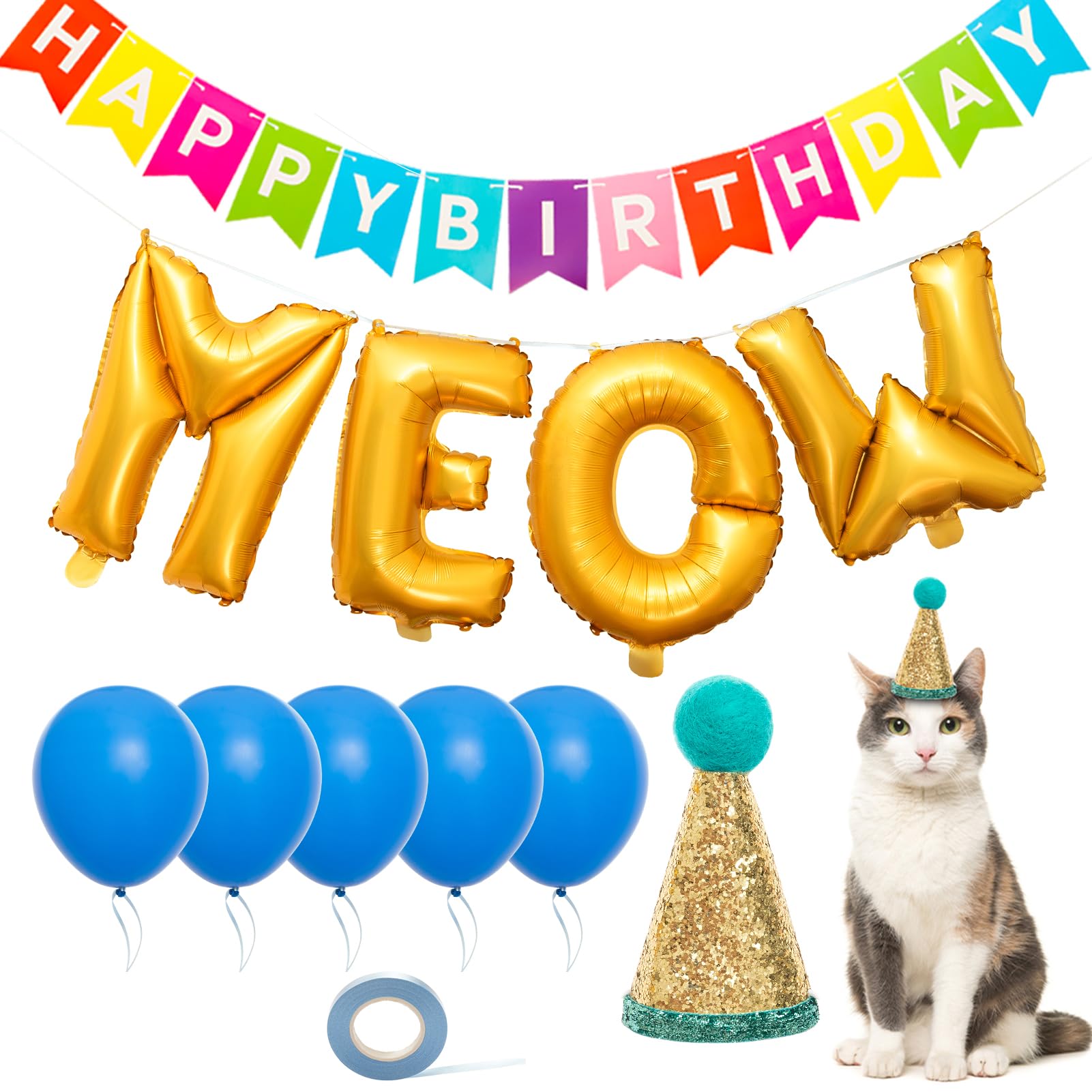 BINGPET Cat Birthday Party Decorations Kit - Cute Cat Birthday Hat, MEOW Balloons, Happy Birthday Banner, Ribbons for Cats, Kittens & Small Dogs | Perfect for Kitty Birthday Celebrations, Pet Adoption Parties & Puppy Birthday Decor