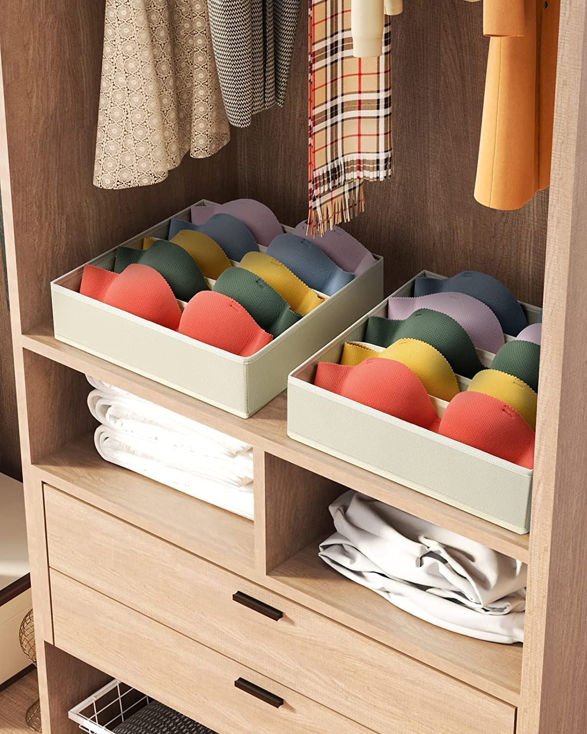 DIMJ 2-Pack Underwear & Bra Organizer Storage Box - Fabric Drawer Divider for Closet, Bras (A-C Cup), Beige | Perfect for Travel, Home & Office Organization