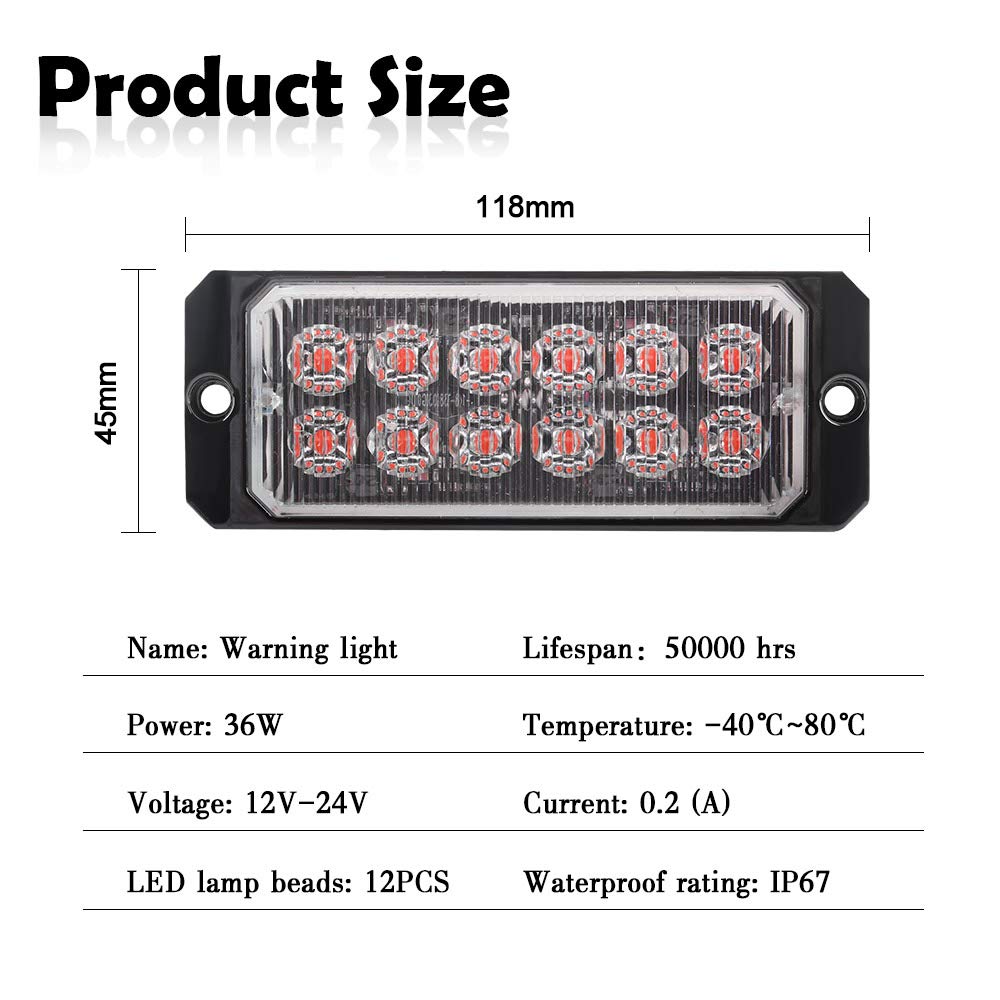 1PCS Red LED Emergency Strobe Light Bar 12-24V with 12 LEDs - Multi-Strobe Modes for Cars, Trucks & Emergency Vehicles | Waterproof Surface Mount Warning Flash Light for Police, Construction & Road Safety