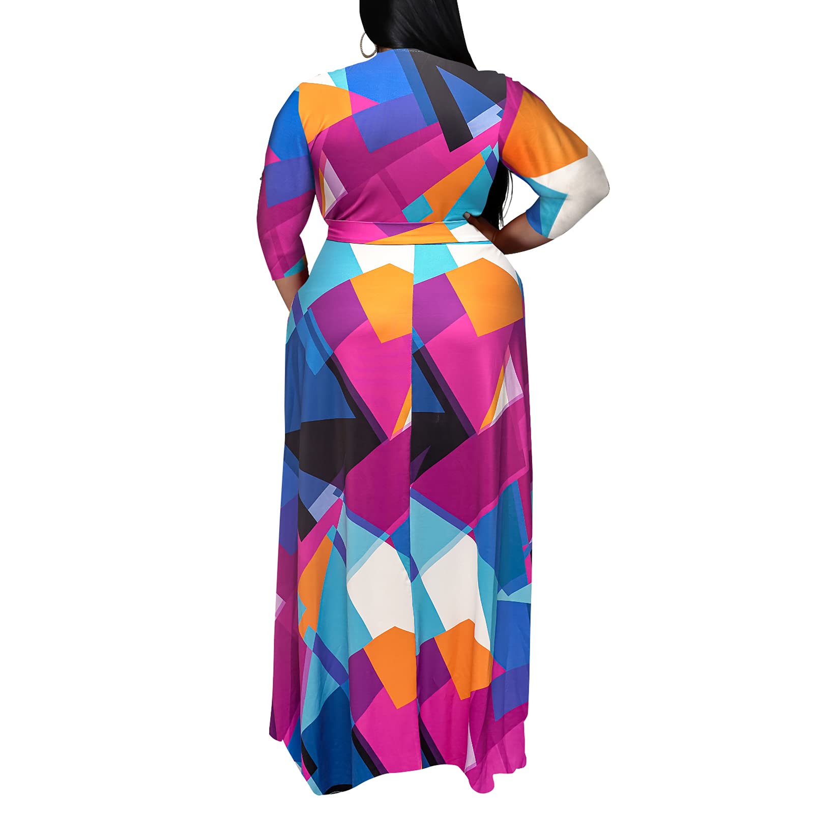 Runwind Plus Size Floral Maxi Dress for Women - 3/4 Sleeve Flowy Dress with Adjustable Belt | Elegant Summer Beach Wedding & Vacation Outfit