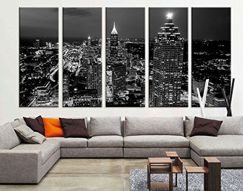 Extra Large Atlanta Night Canvas Art Print - Black & White City Skyline Wall Decor (60x32 Inch) - Perfect for Living Room, Bedroom, or Office Modern Art Display