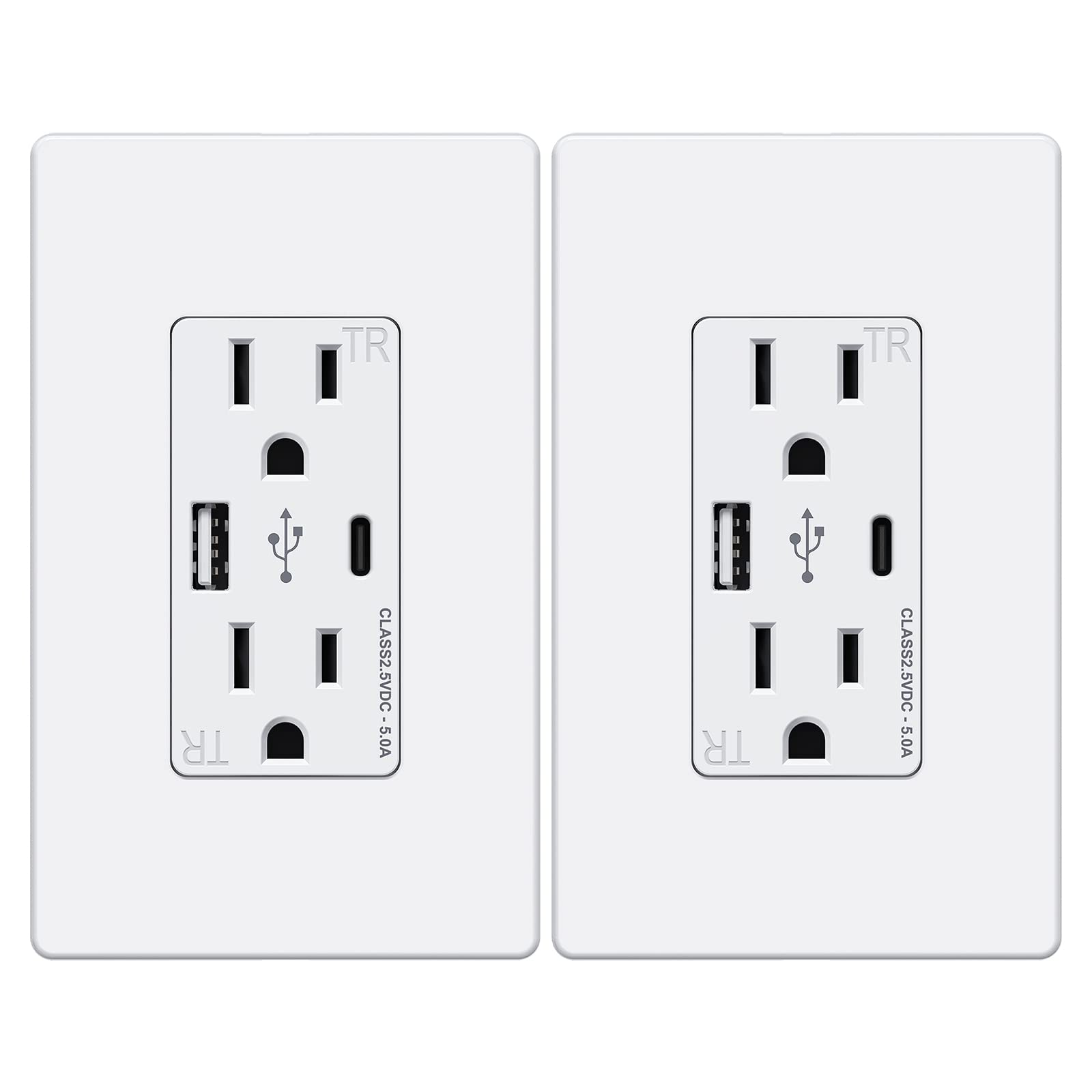 WEBANG 5.0A USB Wall Charger Outlet with Type A & Type C Ports - 15A Electrical Outlet with Fast Charging USB-C - Includes Screwless Wall Plate - ETL Certified - White (2 Pack) - Perfect for Home, Office & Travel Charging Needs