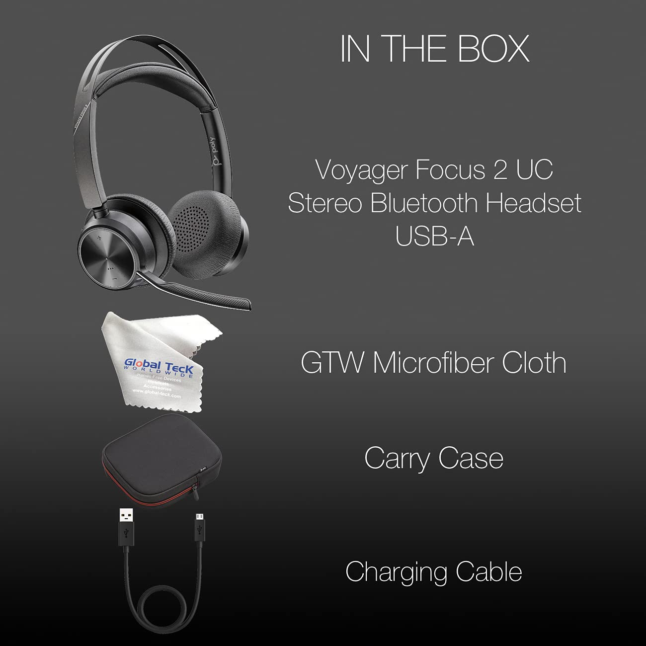 GTW Poly Voyager Focus 2 UC Wireless Bluetooth Headset with Noise Cancelling - USB-A Connectivity for PC, Mac, Desk Phone & Smartphone - Compatible with Microsoft Teams, Zoom, RingCentral, 8x8, Vonage - Includes Bonus Microfiber Cloth - Perfect for Remote Work, Video Conferencing & Call Center Use