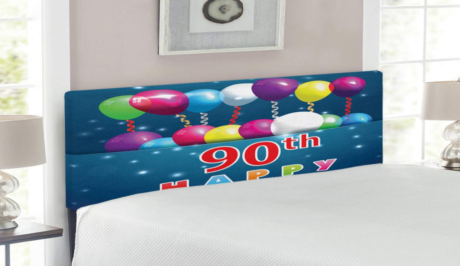 Ambesonne 90th Birthday Headboard - Colorful Balloon & Swirl Design with Memory Foam - Queen Size Upholstered Metal Bed Frame for Anniversary Celebrations & Bedroom Decor