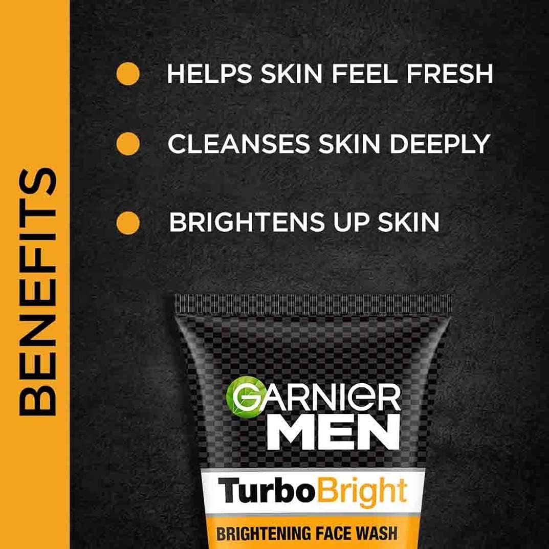 Garnier Men Turbo Bright Face Wash 100g & Bright Complete Overnight Serum 15ml Set - Anti-Aging & Brightening Skincare Kit for Men - Perfect for Nighttime Routine & Dark Spot Reduction