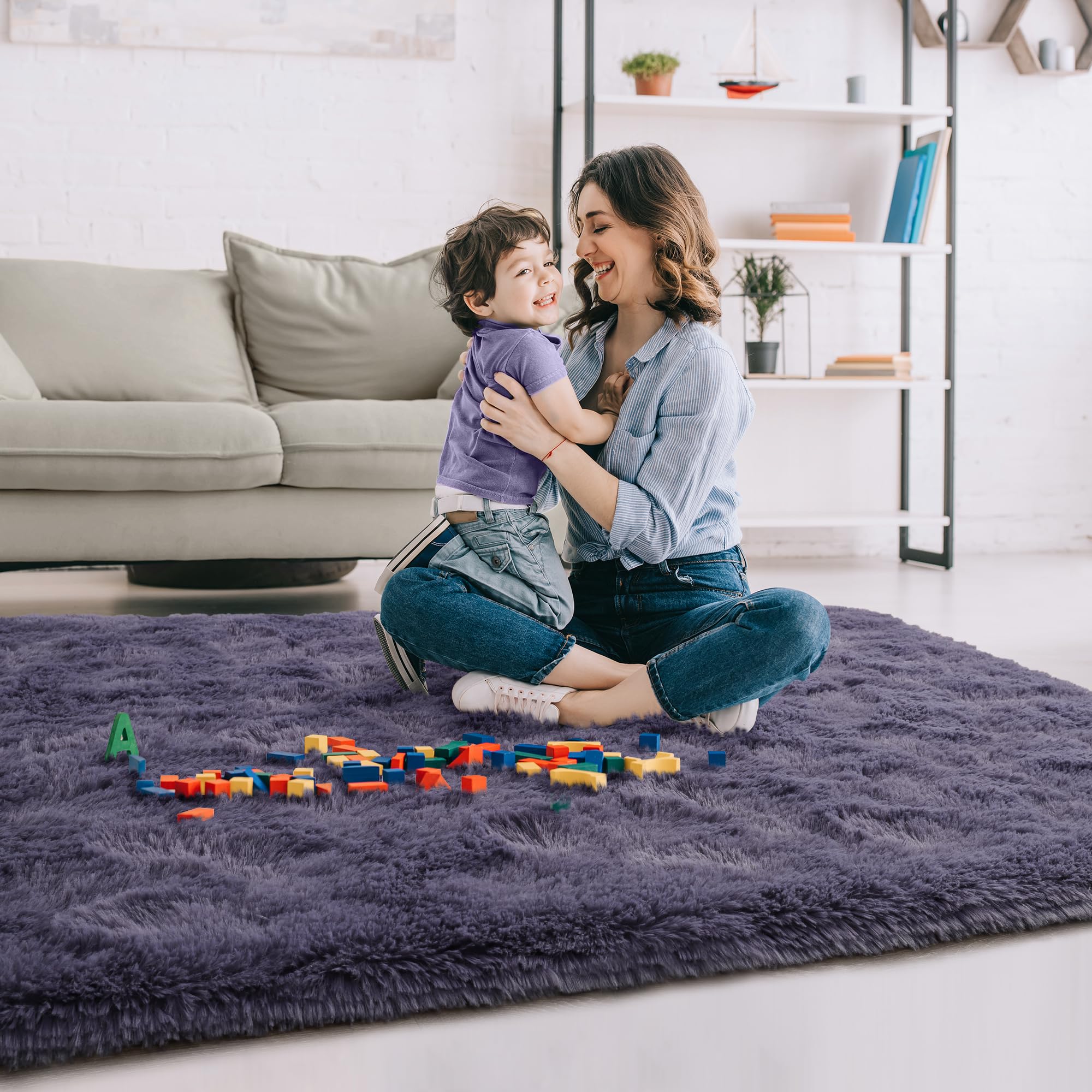Fluffy Grey Purple 6x9 Feet Shaggy Area Rug - Soft Thick Fuzzy Large Living Room Carpet, Aesthetic Bedroom Rug for Girls, Cozy Dorm Floor Mat - Perfect for Kids Room Decor, Lounge Spaces & Cozy Home Aesthetics