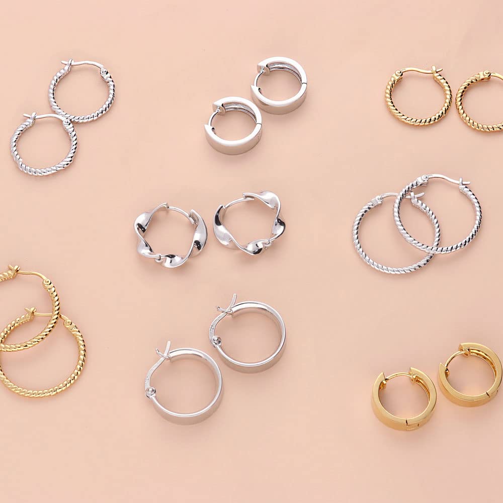 Sterling Silver Hoop Earrings for Women - 0.88 Inch Medium Cable Design, Yellow Gold Flashed & Rhodium Plated - Perfect for Everyday Wear, Office & Special Occasions