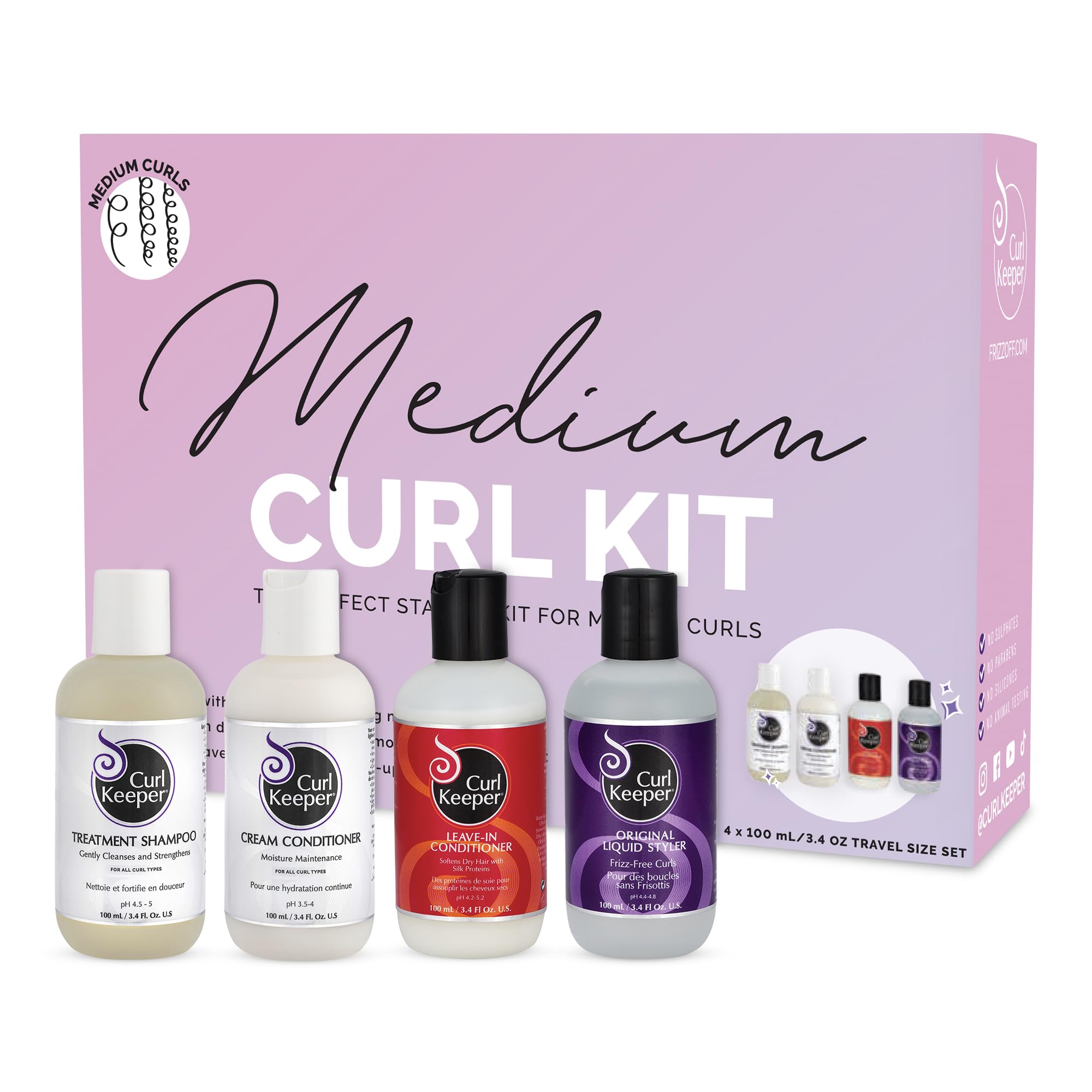 Curl Keeper Medium Curl Starter Kit for Curly Hair - Travel Size Set with Original Liquid Styler, Treatment Shampoo, Cream Conditioner & Leave-In Conditioner - Maximum Definition, Shine & Moisture - Perfect for Travel, Daily Curly Hair Care & Styling