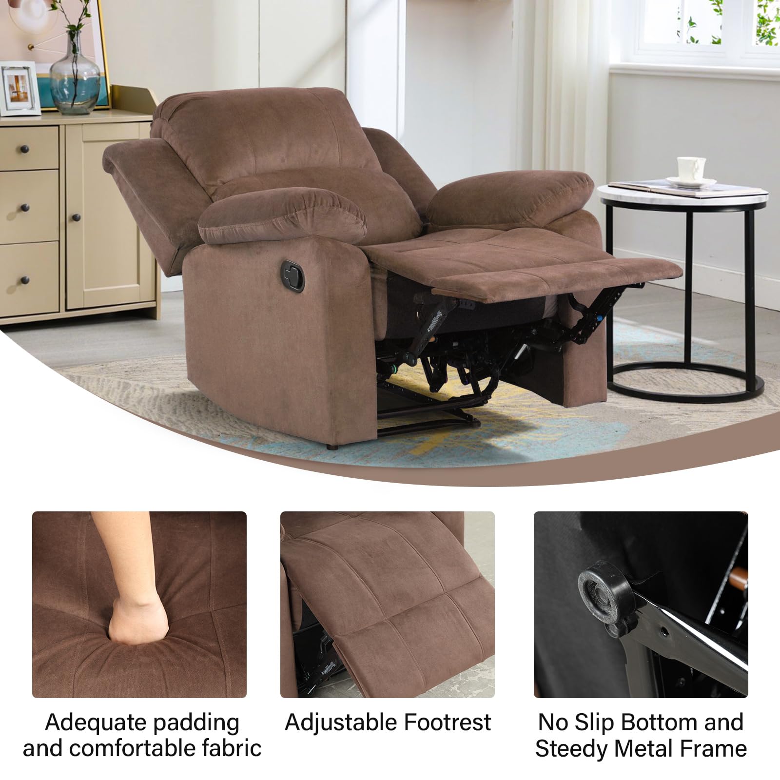 Phoenix Home Fabric Manual Recliner Chair for Adults - Comfortable Overstuffed Arm and Back Reclining Sofa - Living Room Single Seater in Caramel Brown - Perfect for Relaxing, Reading & Watching TV
