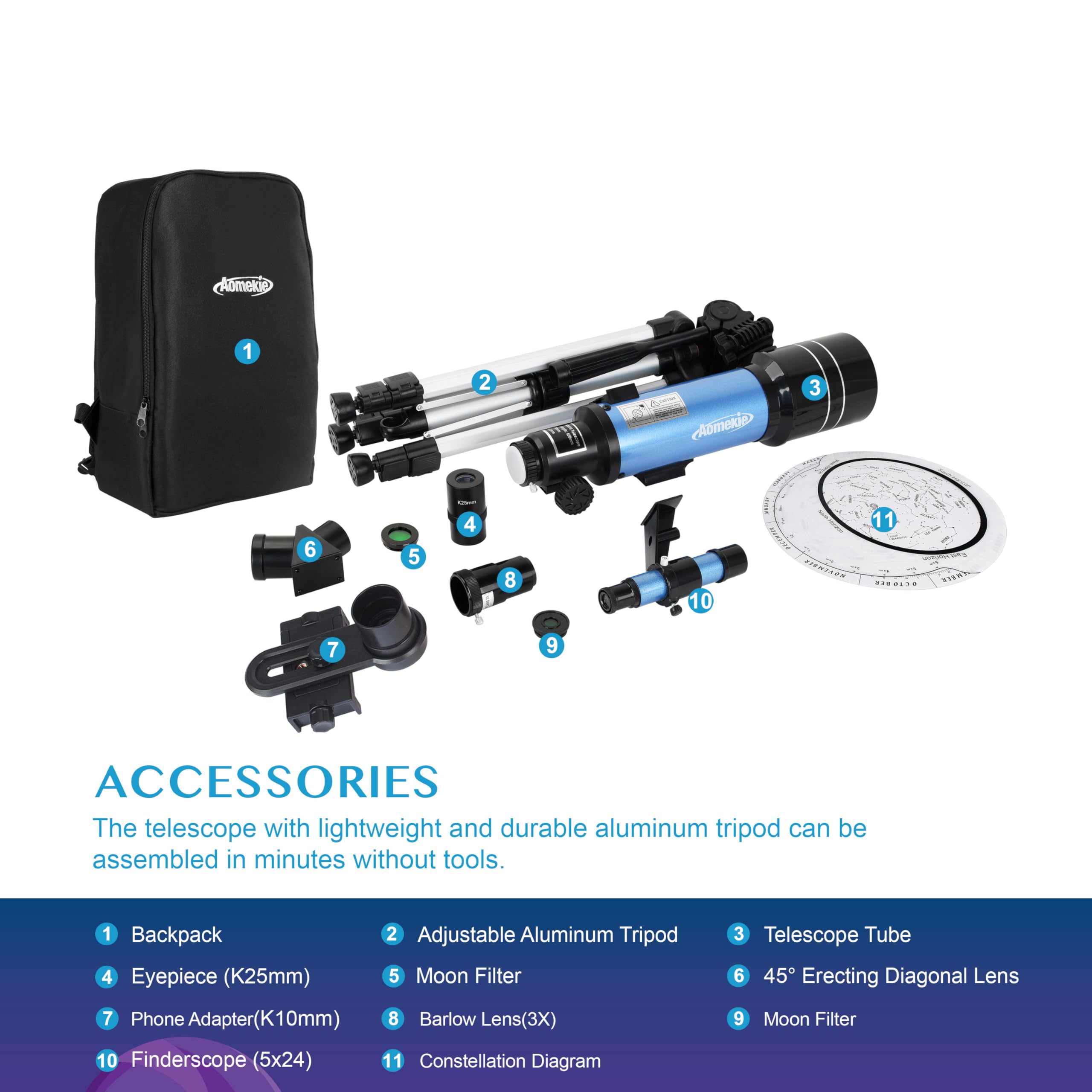 AOMEKIE 70mm Astronomy Telescope for Adults & Beginners - Portable Travel Telescope with Adjustable Tripod, 3X Barlow Lens, Phone Adapter & Backpack - Perfect for Stargazing, Moon Observation & Outdoor Adventures