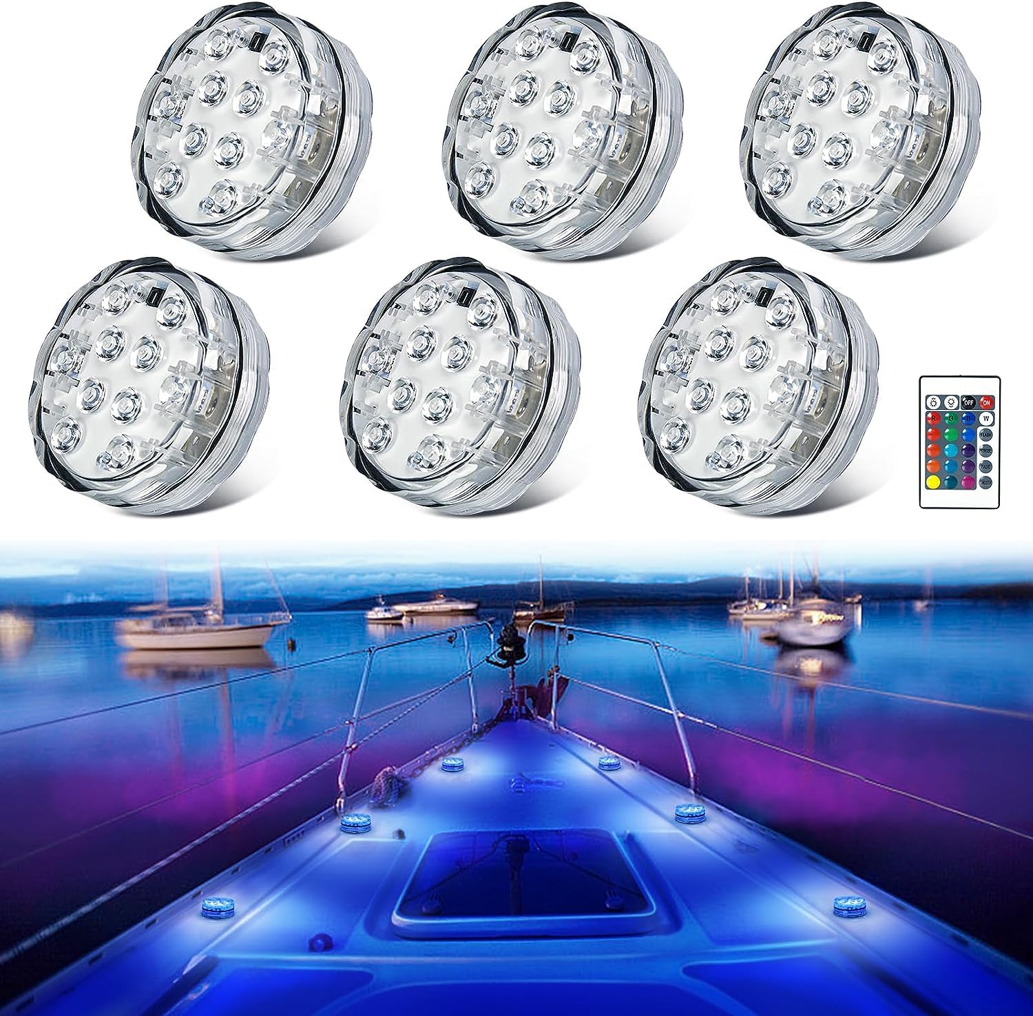 Wireless Waterproof Marine LED Boat Lights - Battery Operated RGB Multi-Color Deck & Interior Lights for Boats & Yachts with Remote Control (6 Pack) | Perfect for Night Cruising, Fishing, and Party Lighting