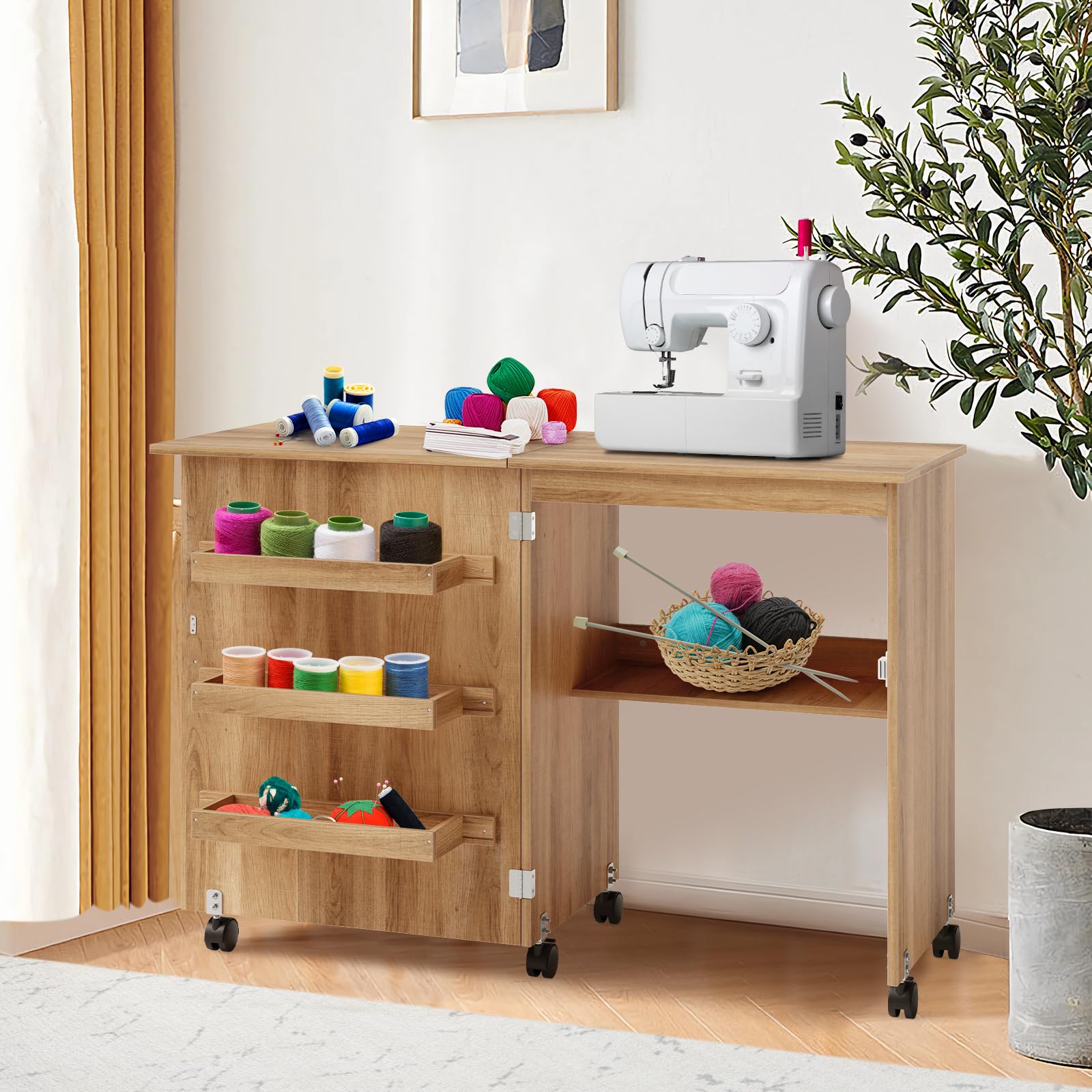 COSTWAY Folding Sewing Table with Lockable Wheels - Multipurpose Craft Station Desk & Display Cabinet with Storage Shelves - Rolling Sewing Machine Table for Home, Apartment (Natural Finish) | Perfect for Quilting, DIY Projects & Small Space Organization