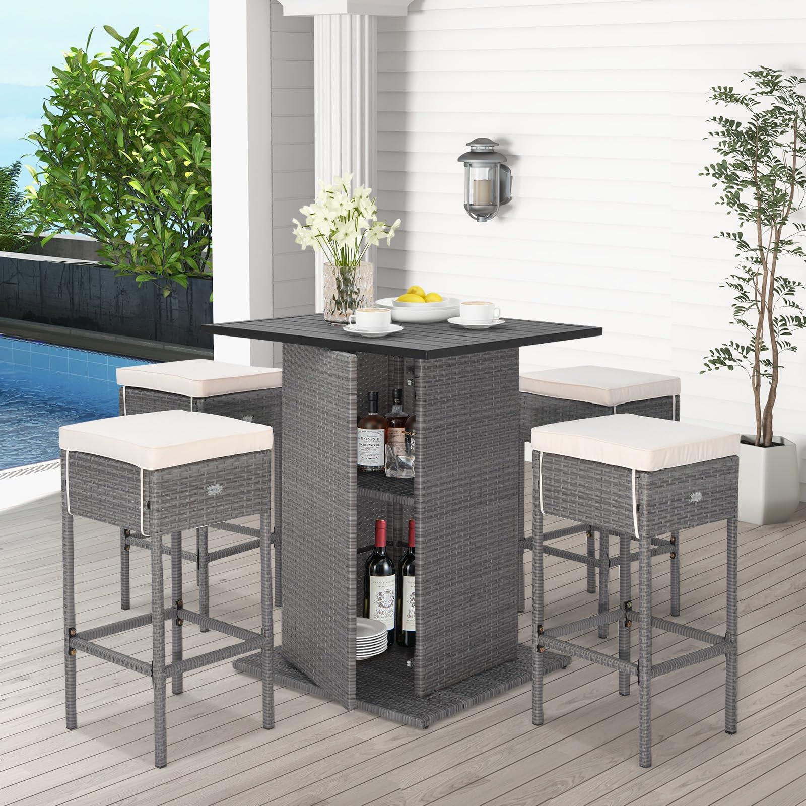 Outdoor Rattan Bar Set with 4 Stools - 5-Piece Patio Wicker Bar Table & Chairs, Heavy-Duty Steel Frame & Included Cushions - Perfect for Backyard, Poolside, or Garden Entertaining