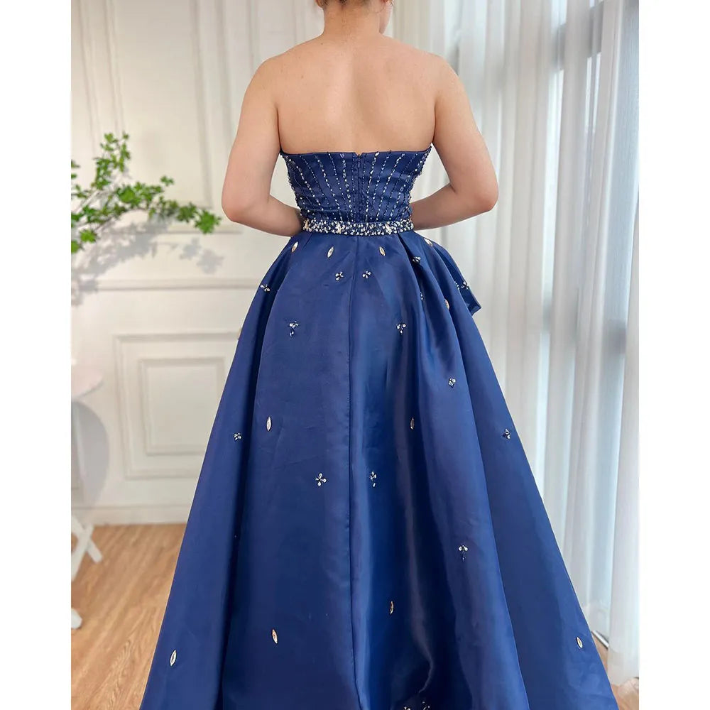 Elegant Blue Mermaid Evening Gown with Beaded Overskirt - Women's Formal Party Dress for Prom, Wedding & Special Occasions | Serene Hill LA72051