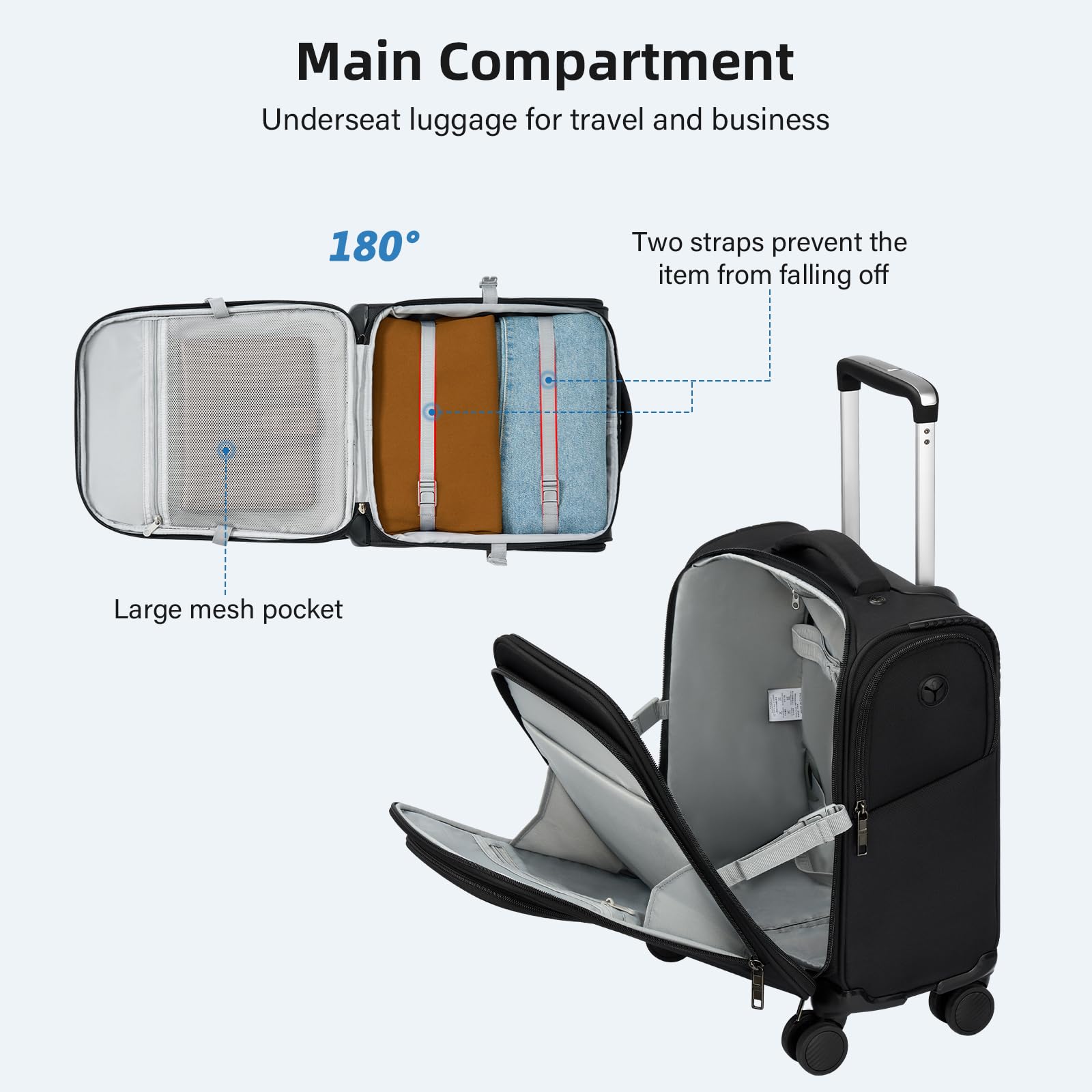 16 Inch Underseat Carry On Luggage with Wheels - Softside Small Suitcase for Air Travel, Personal Item Bag with Pockets - Perfect for Men & Women Business Trips, Overnight Stay (Black) | Compact & Lightweight Cabin Bag for Airlines, Commuting, Weekend Getaways