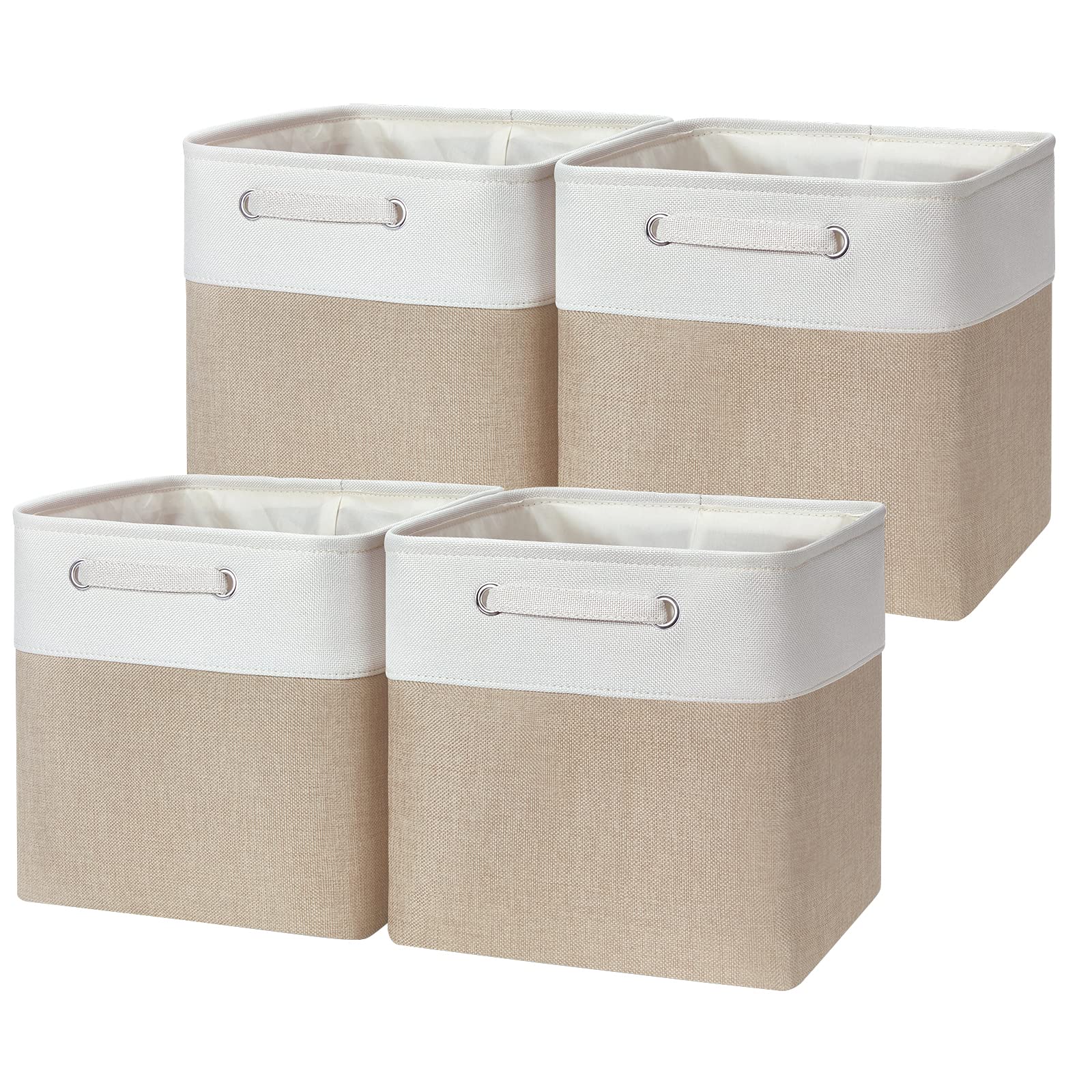 Neykioy Fabric Storage Bins 4-Pack - White & Khaki Cube Organizers with Handles for Closet, Nursery, Bathroom & Home Organization - Foldable Storage Cubes for Shelves, Cabinets & Underbed Storage
