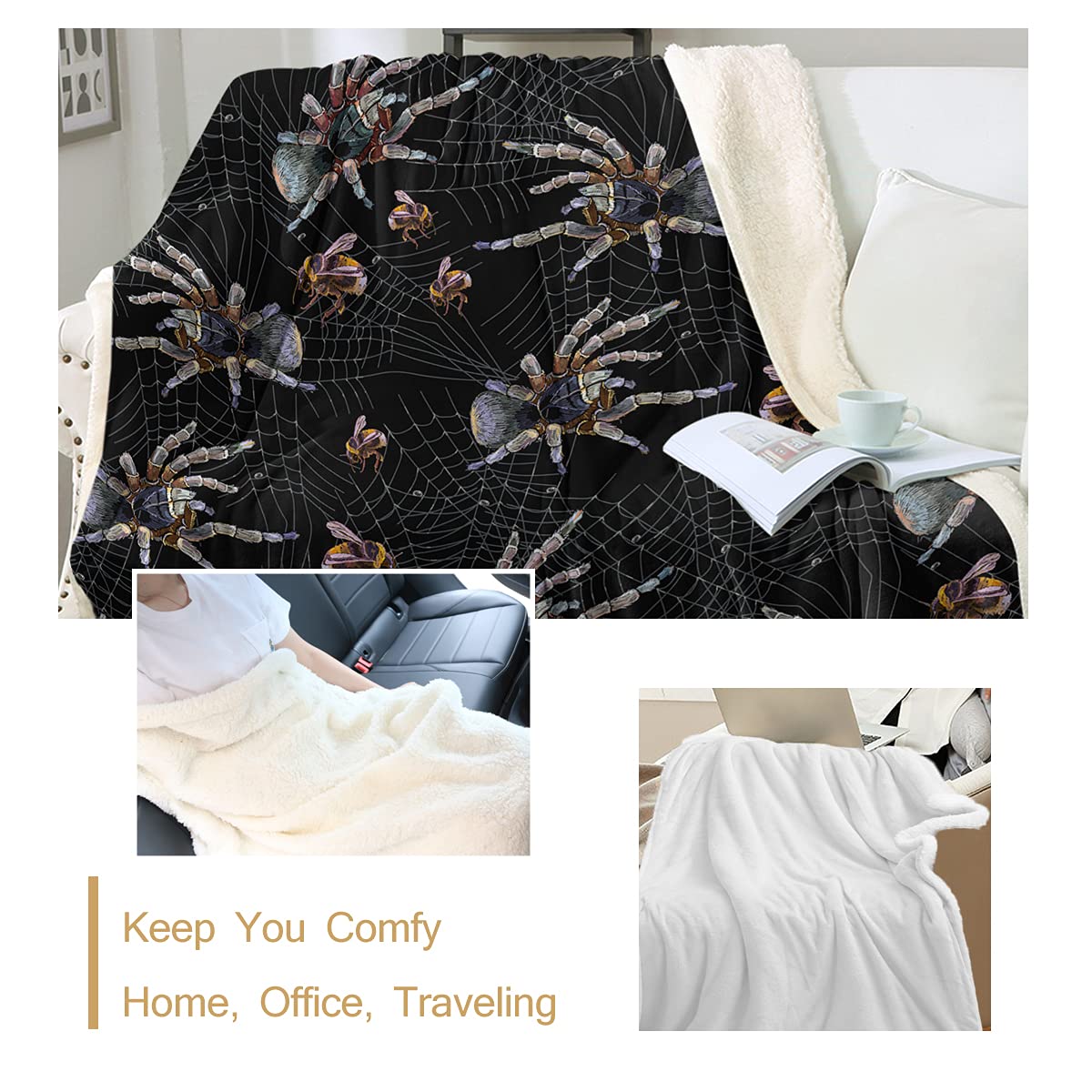 Sleepwish 3D Bumblebee Spider Web Sherpa Fleece Blanket (50x60 inches) - Soft Plush Halloween Throw for Kids, Teens & Adults - Cozy Bed, Couch & Movie Night Blanket