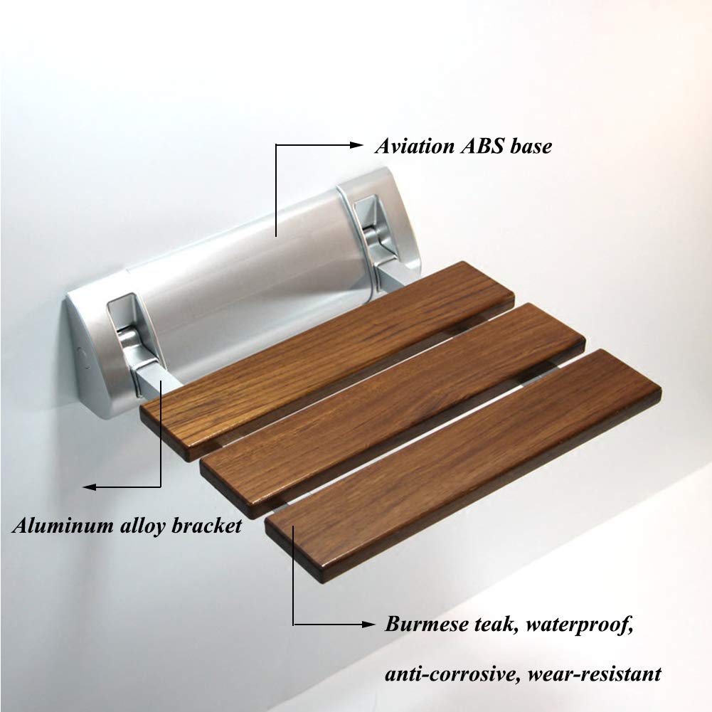 Foldable Teak Wood Shower Seat - Wall Mounted Bathroom Bench with 350lb Capacity - Space Saving Collapsible Shower Chair for Elderly & Disabled - Perfect for Small Bathrooms, Bathtubs and Tight Spaces
