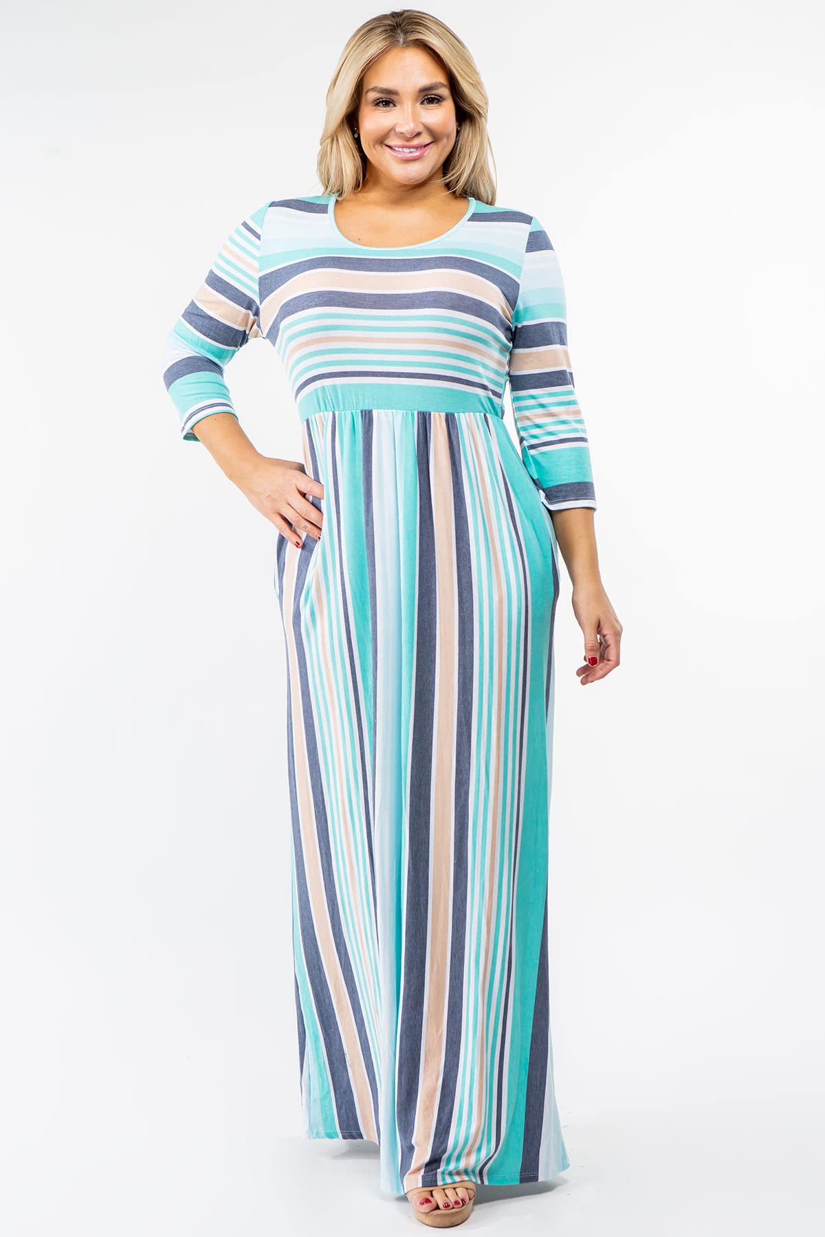 Eloges Women's ¾ Sleeve Contrast Floral & Stripe Maxi Dress - Elegant Summer Beach Dress for Vacation, Party & Casual Wear
