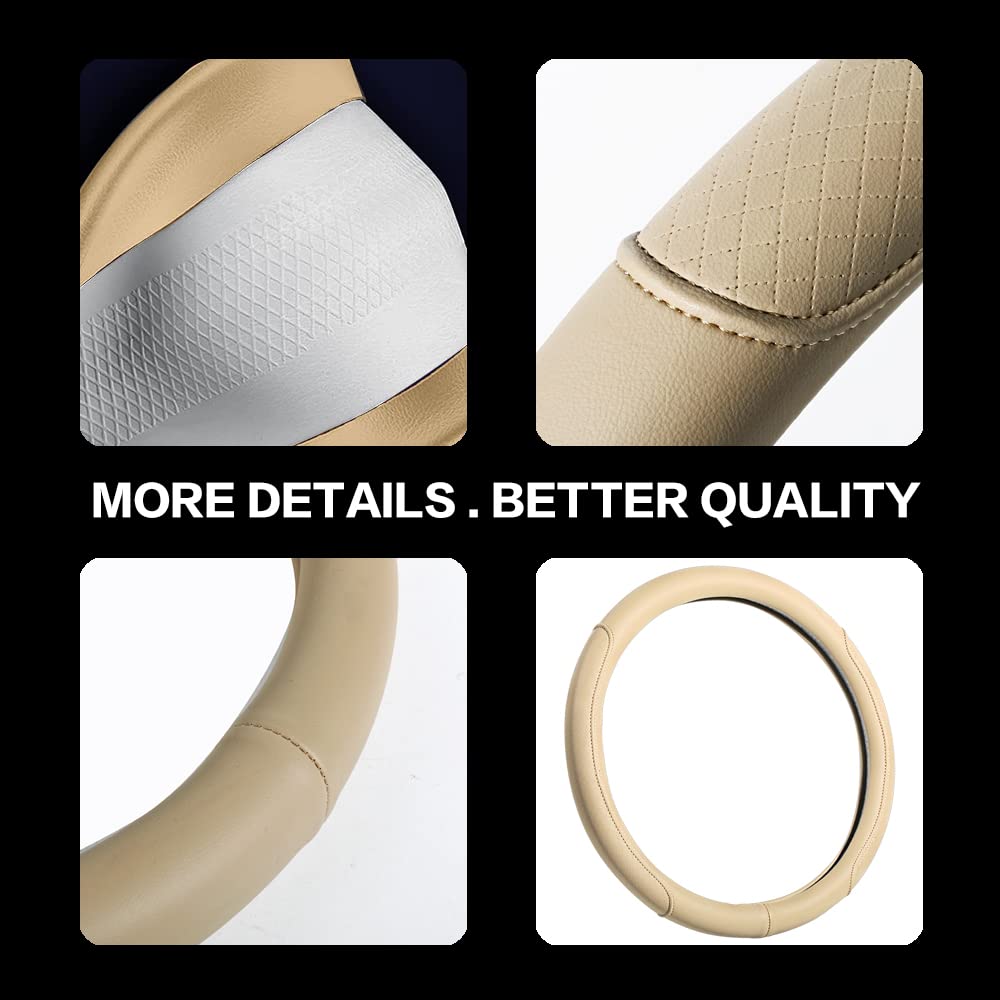 Premium Microfiber Leather Steering Wheel Cover - Classic Embossed Design, Anti-Slip & Breathable - Universal Fit for 15 Inch Wheels (Beige) | Perfect for Cars, Trucks & SUVs - Enhances Grip & Comfort for Daily Commutes & Road Trips