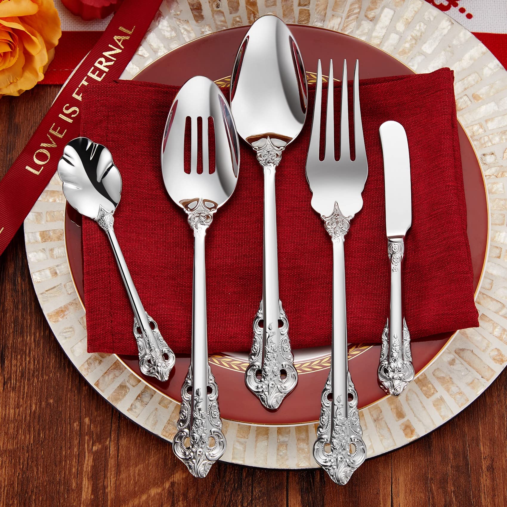 KEAWELL 45-Piece 18/10 Stainless Steel Silverware Set - Service for 8 with Serving Utensils, Mirror Polish Cutlery Set in Antique Baroque Style (Gift Box Included) - Perfect for Fine Dining, Wedding Registry & Luxury Home Decor