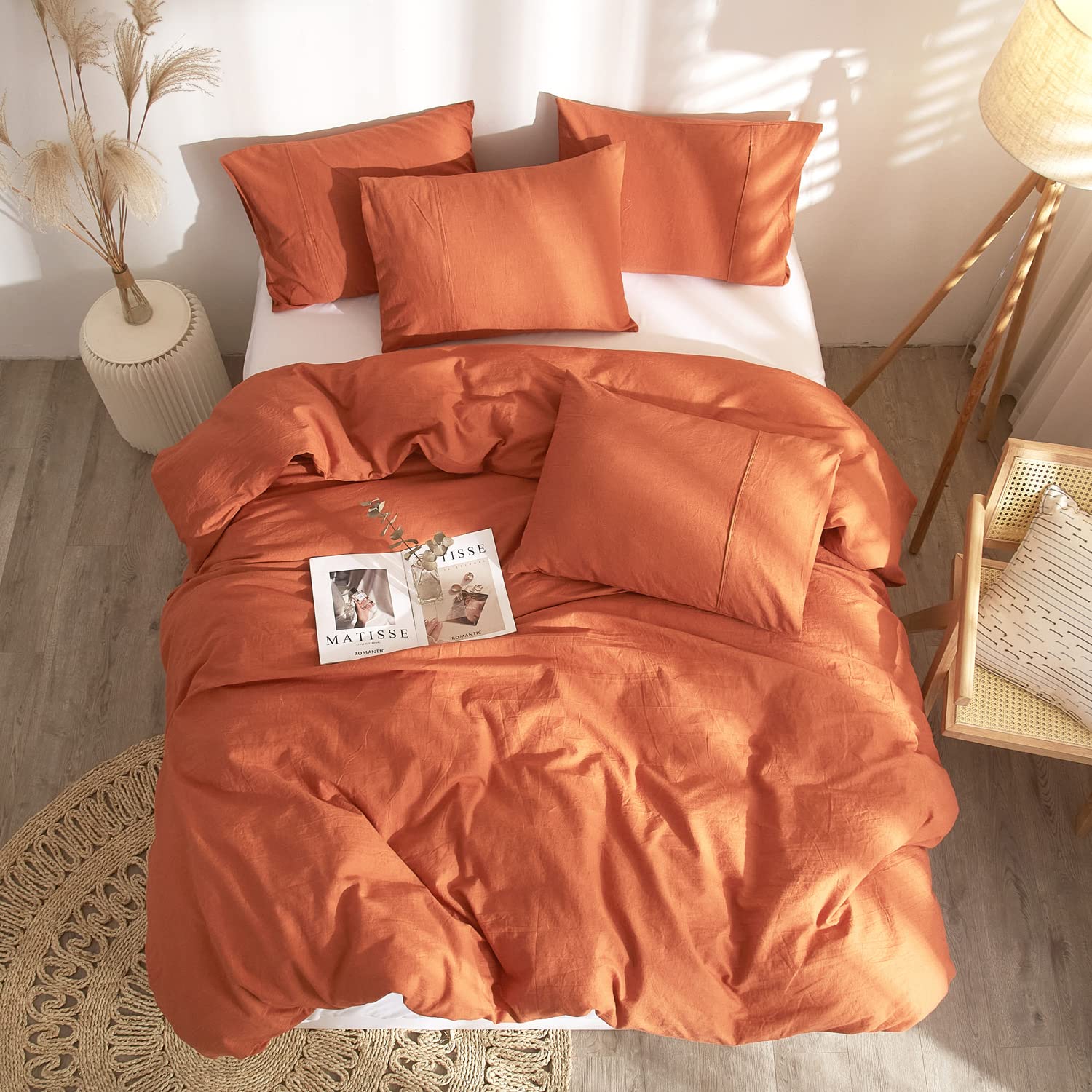 Ivellow 100% French Flax Linen Duvet Cover King Size - Burnt Orange Washed Linen Bedding Set with 2 Pillowcases | Soft, Breathable & Cooling | Perfect for Summer, Hot Sleepers & Eco-Friendly Home Decor