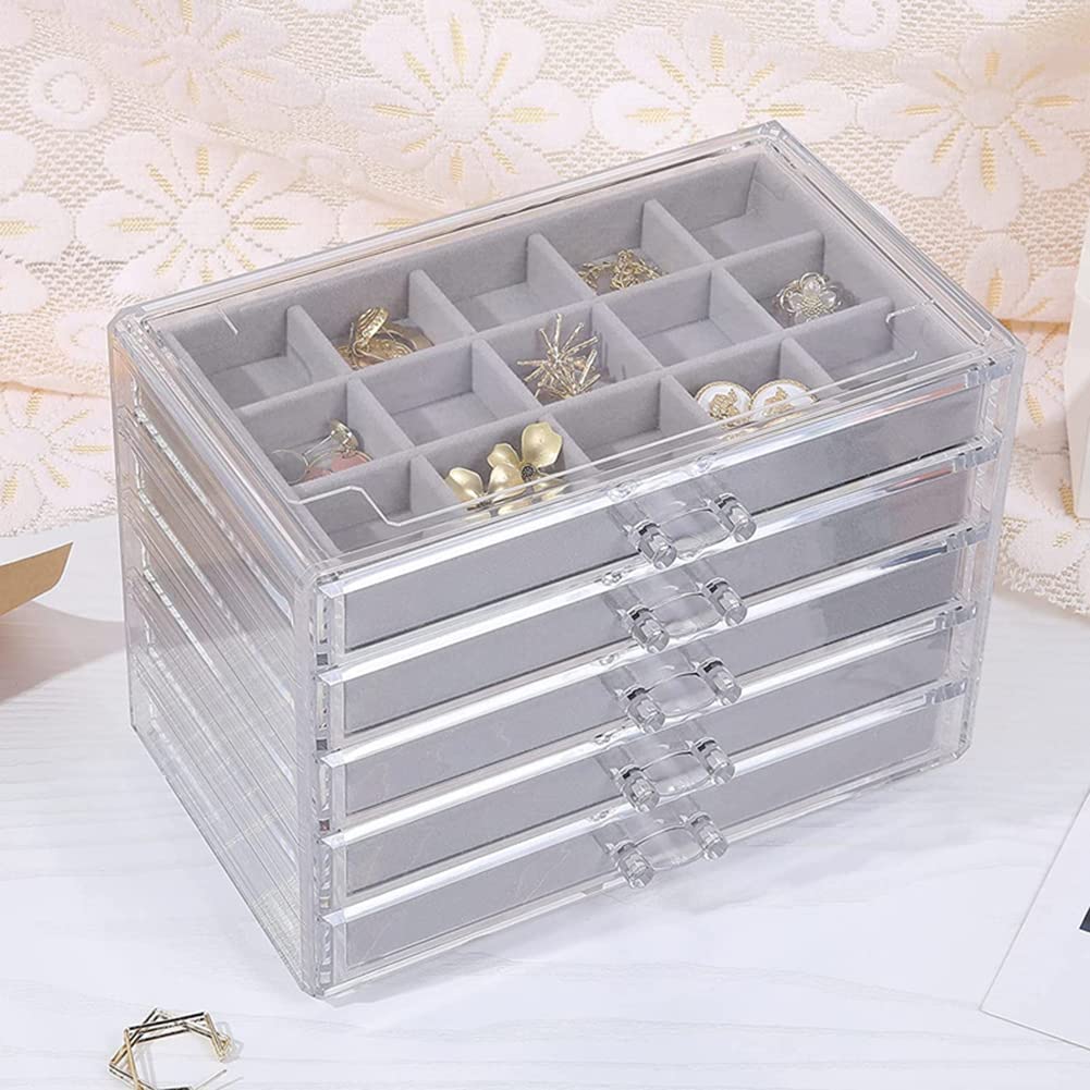 Clear Acrylic Jewelry Box with Velvet Lining - 15 Grid Jewelry Organizer Tray for Necklaces, Rings & Earrings | Jewelry Storage & Display Case for Dresser, Vanity & Travel