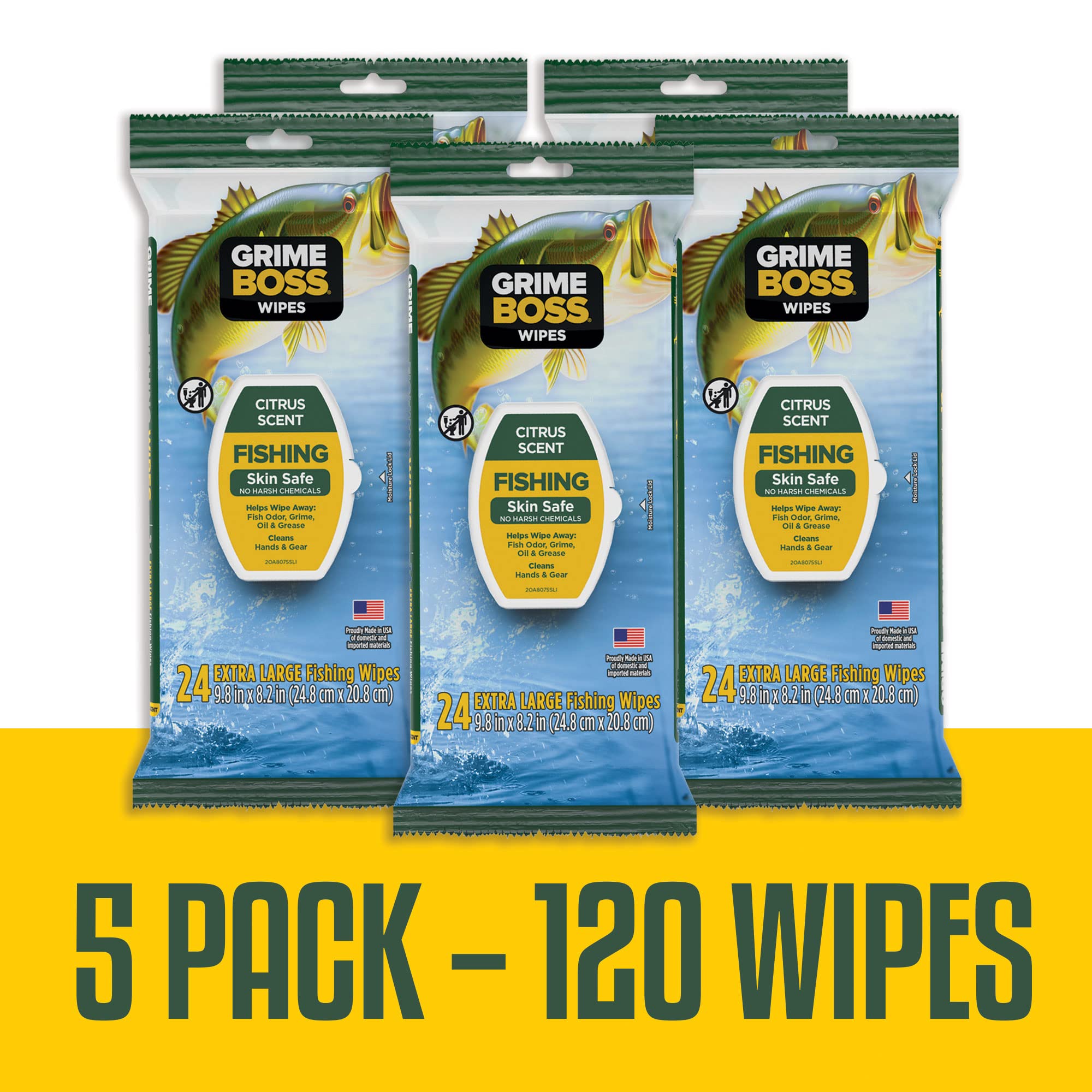 Grime Boss Fishing Wipes (5 Packs of 24 Count) - Heavy Duty Hand & Gear Cleaning Wipes for Anglers - Removes Dirt, Oil & Fish Odor from Hands, Rods, Reels & Tackle Boxes - Perfect for Freshwater & Saltwater Fishing Trips