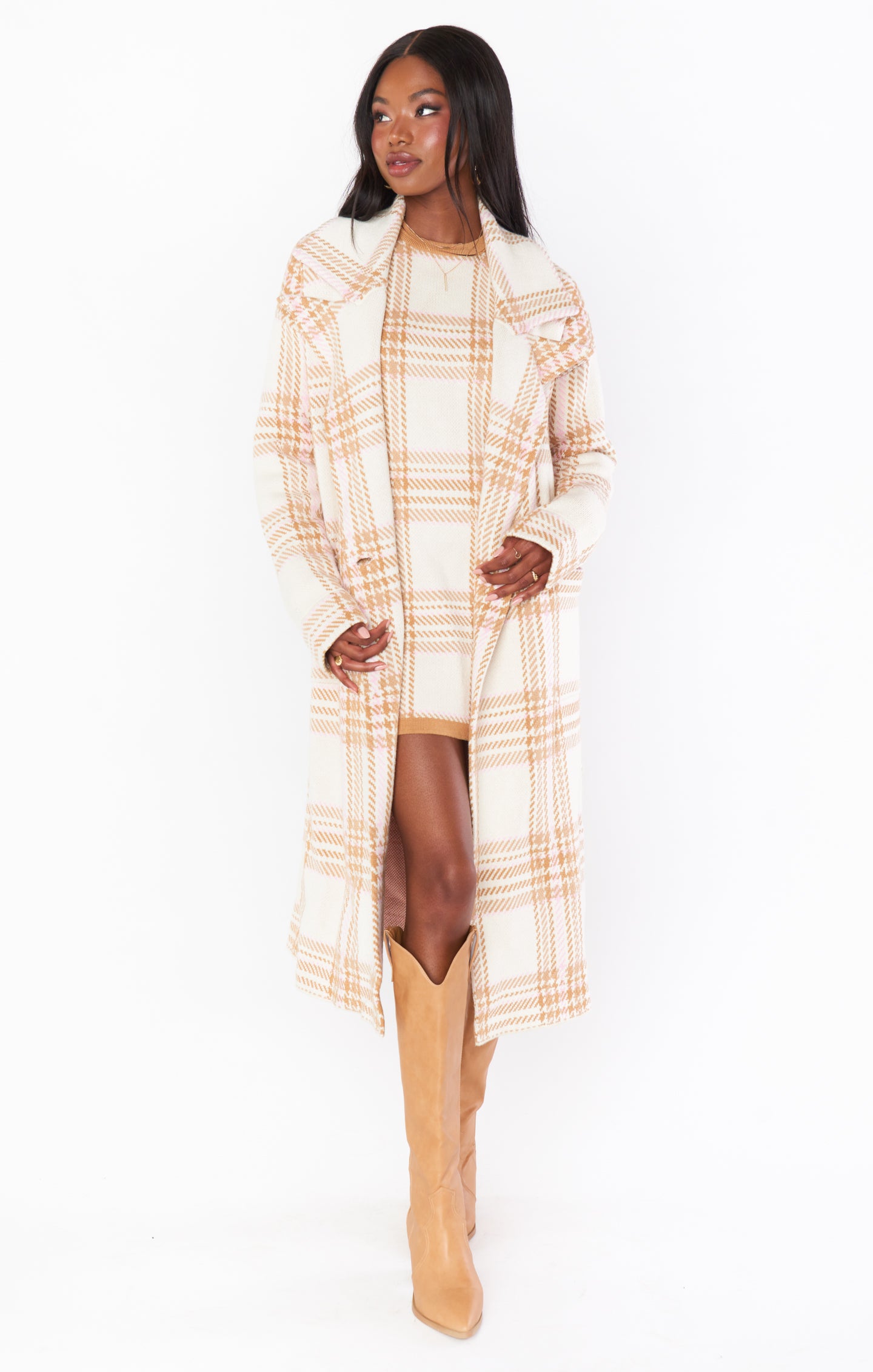 Melrose Sweater Jacket - Women's Neutral Plaid Knit Cardigan for Fall & Winter | Cozy Oversized Open Front Wrap for Casual Outfits & Layering