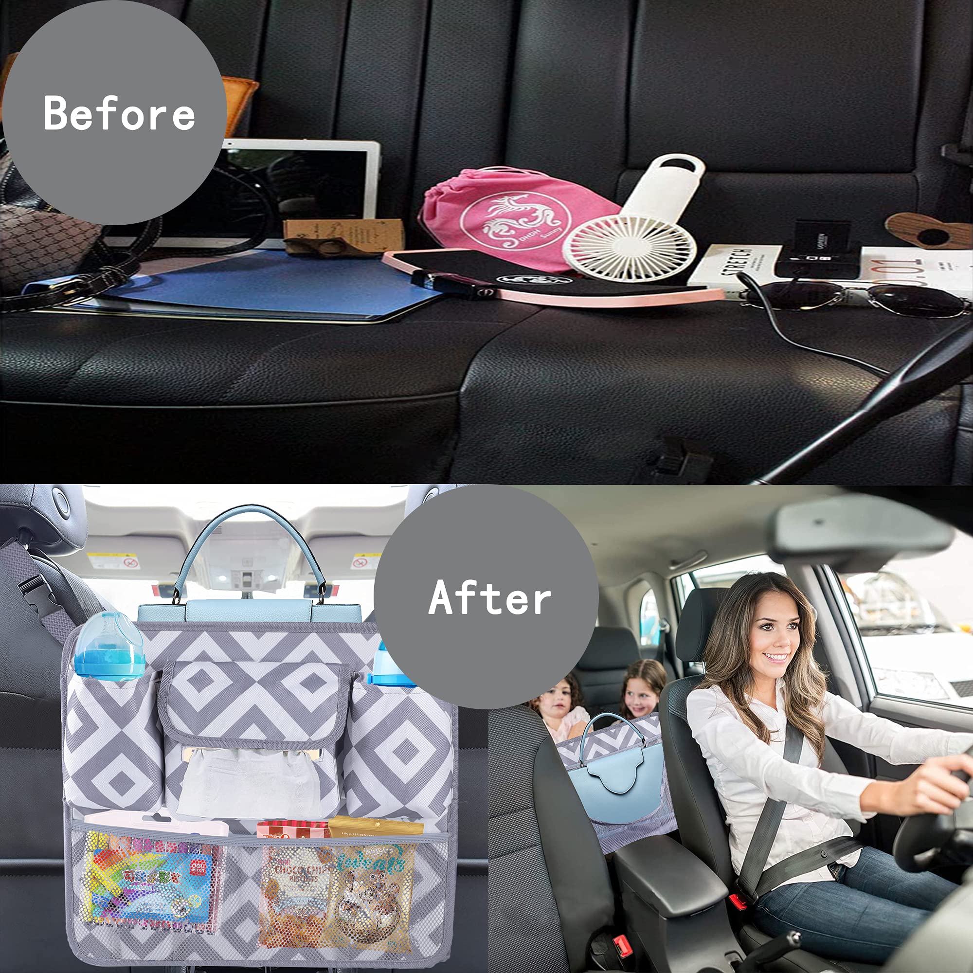 Collapsible Car Seat Organizer with Net Pocket - Handbag & Purse Holder, Pet & Kids Barrier for Front Seats | Gray Diamond Pattern | Perfect for Road Trips & Family Travel