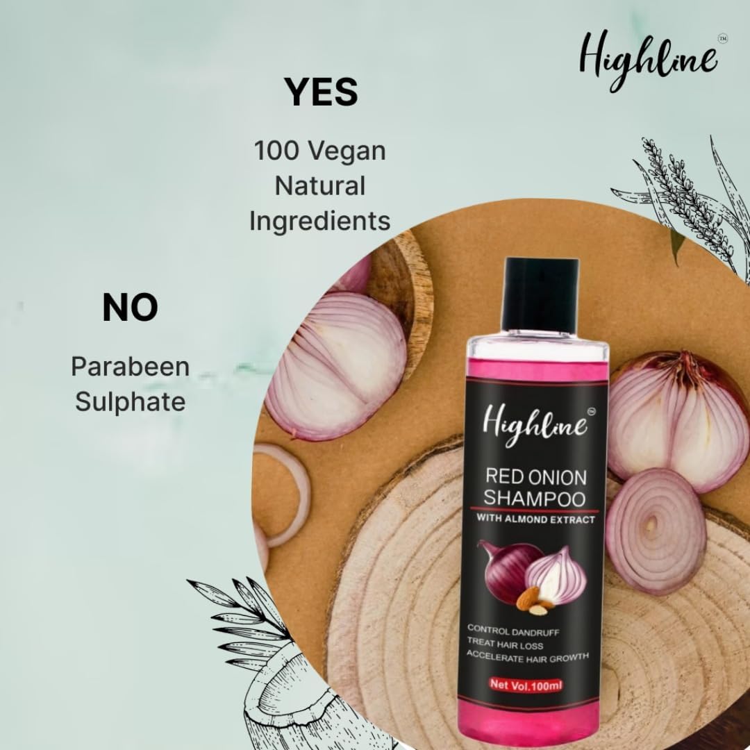 Highline Onion Shampoo for Hair Fall Control & Hair Growth - With Onion & Almond Extract (100ml) | Strengthens Hair & Promotes Growth | Perfect for Daily Use & Scalp Care